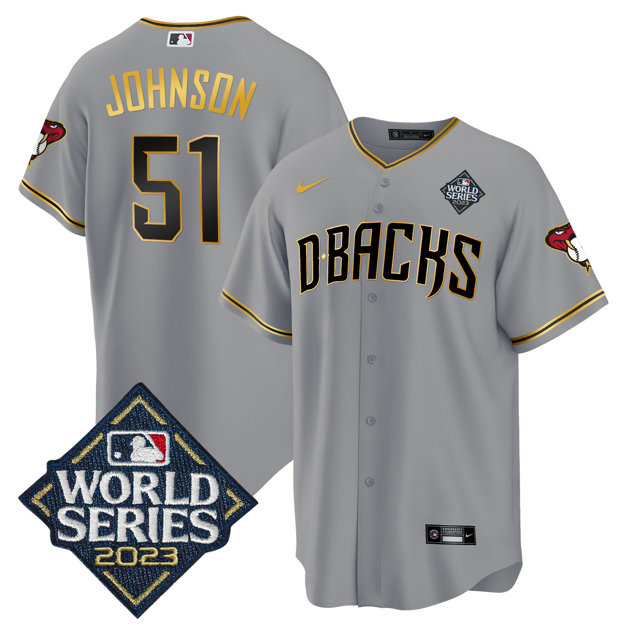 Randy Johnson Men's Arizona Diamondbacks 2023 World Series Cool Base Gold V2 Gray Gold Jersey - All Stitched
