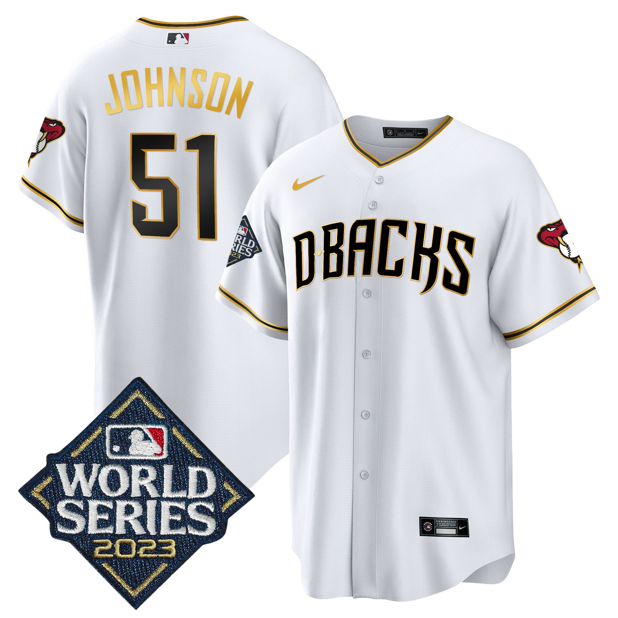 Randy Johnson Men's Arizona Diamondbacks 2023 World Series Cool Base Gold White Gold Jersey - All Stitched