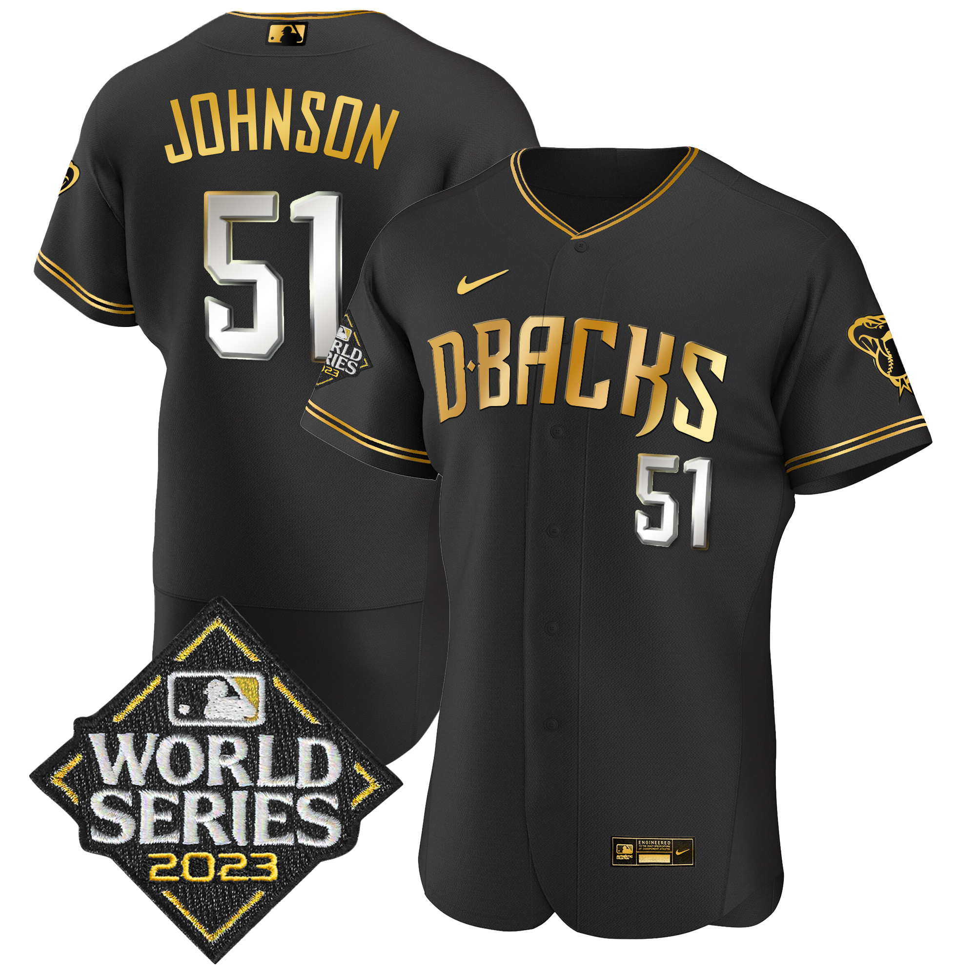 Randy Johnson Men's Arizona Diamondbacks 2023 World Series Flex Base Gold Black Limited Jersey - All Stitched