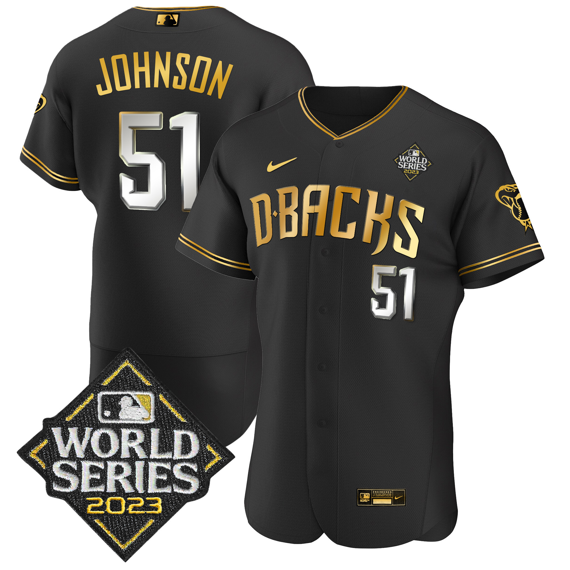 Randy Johnson Men's Arizona Diamondbacks 2023 World Series Flex Base Gold V2 Black Limited Jersey - All Stitched