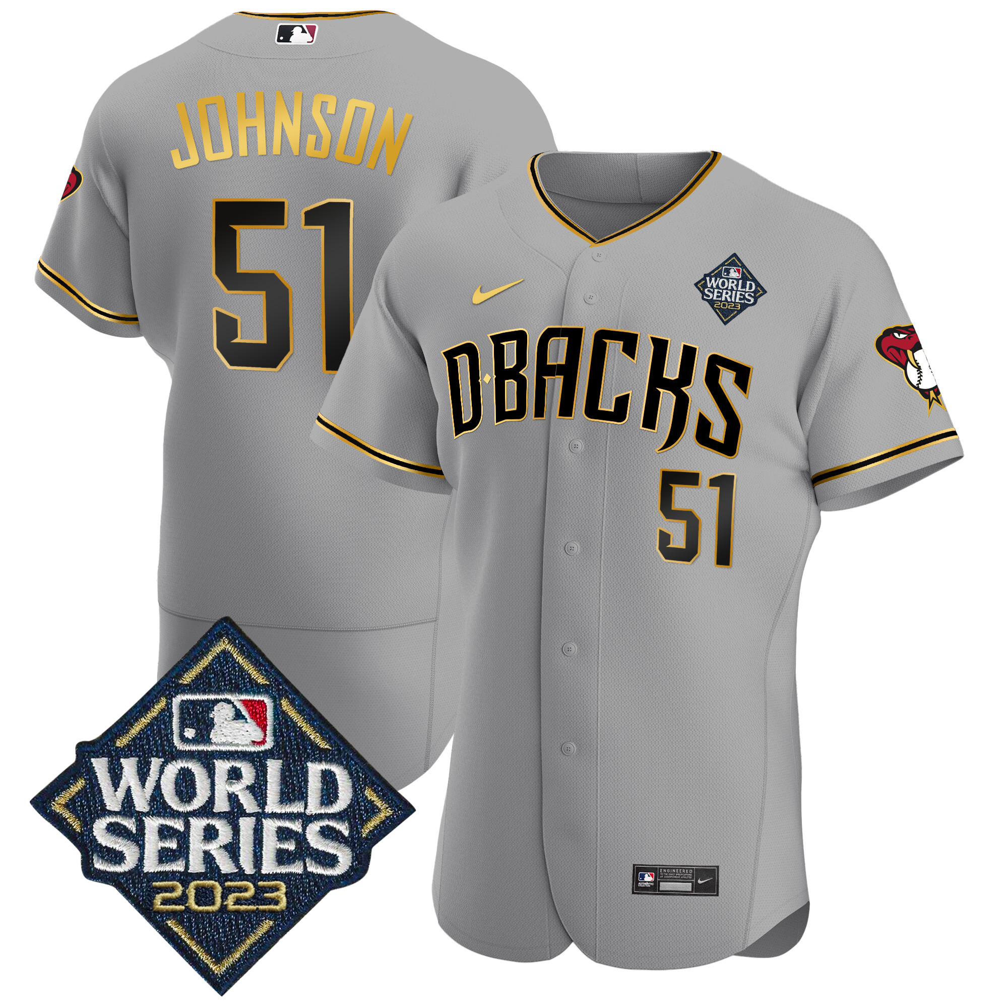Randy Johnson Men's Arizona Diamondbacks 2023 World Series Flex Base Gold V2 Gray Gold Jersey - All Stitched