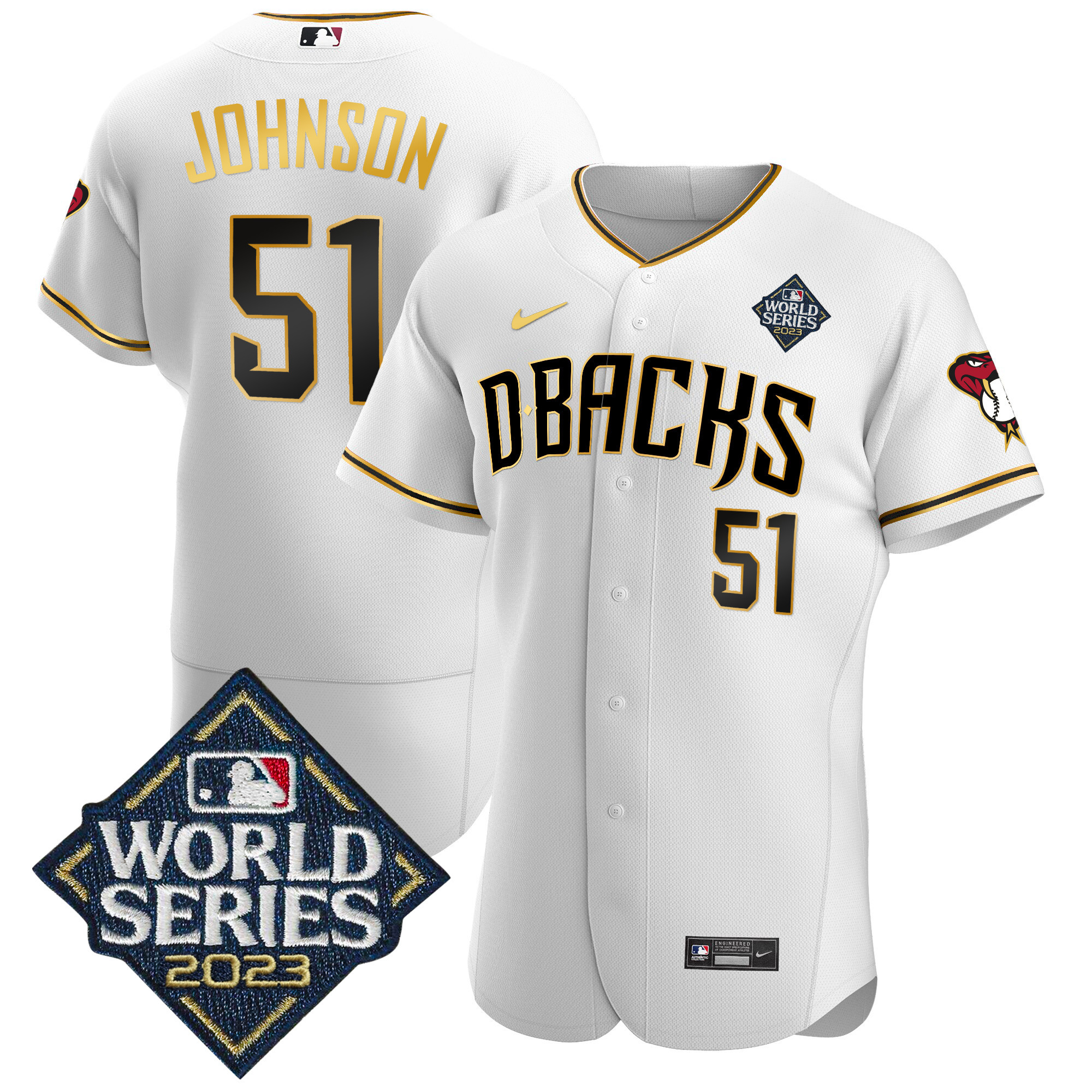 Randy Johnson Men's Arizona Diamondbacks 2023 World Series Flex Base Gold V2 White Gold Jersey - All Stitched