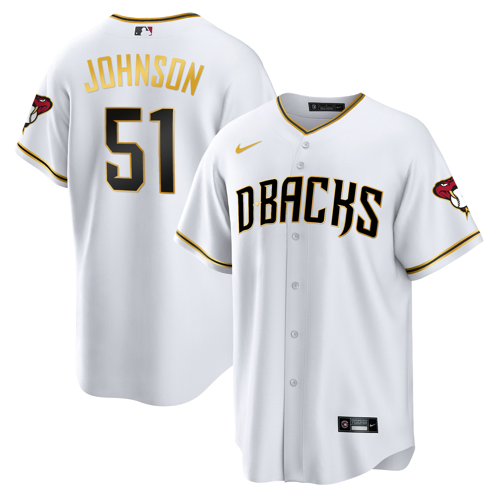 Randy Johnson Men's Arizona Diamondbacks Cool Base Gold Trim White Gold Jersey - All Stitched