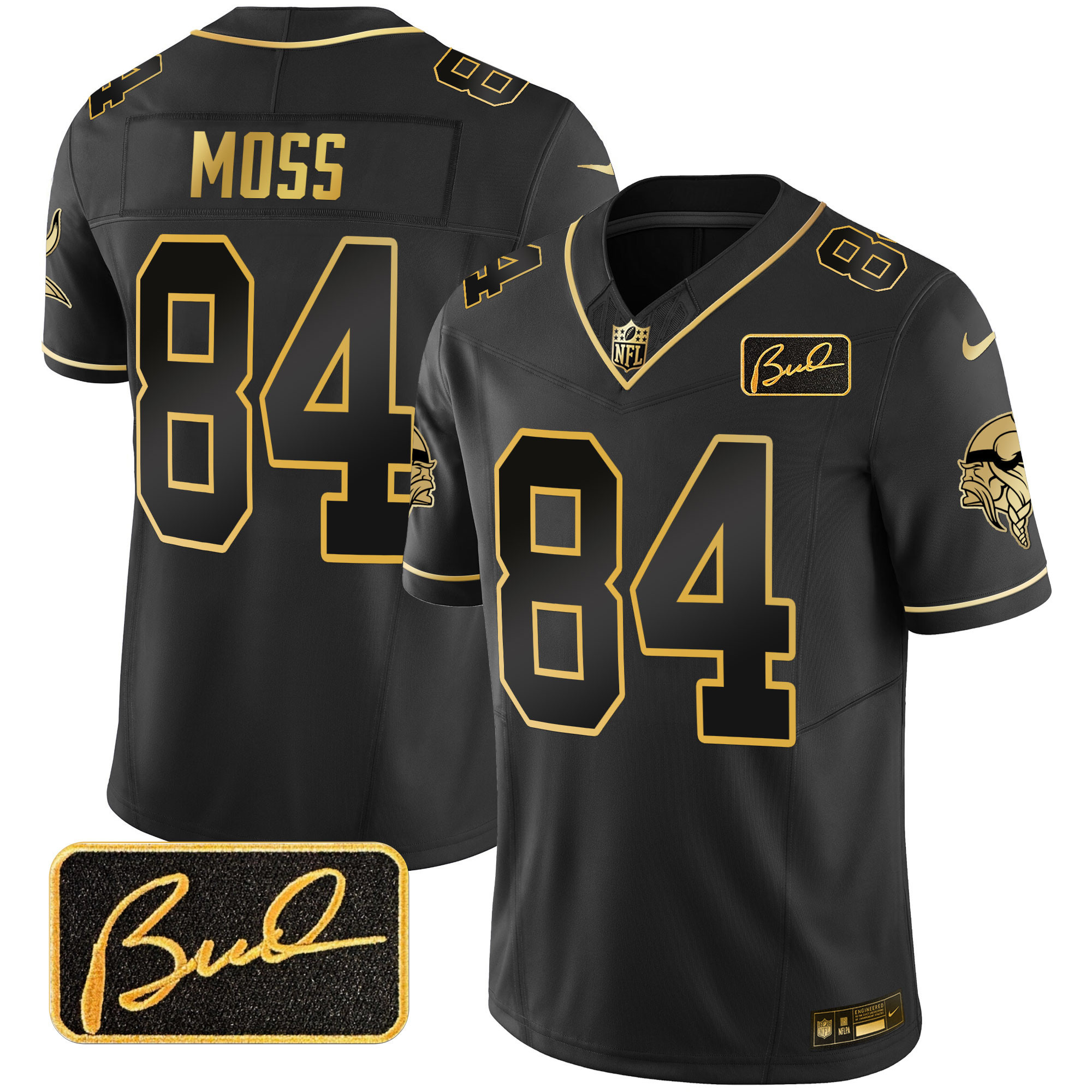 Randy Moss Men's Minnesota Vikings Bud Grant Patch Gold Limited V2 Black Gold Jersey - All Stitched
