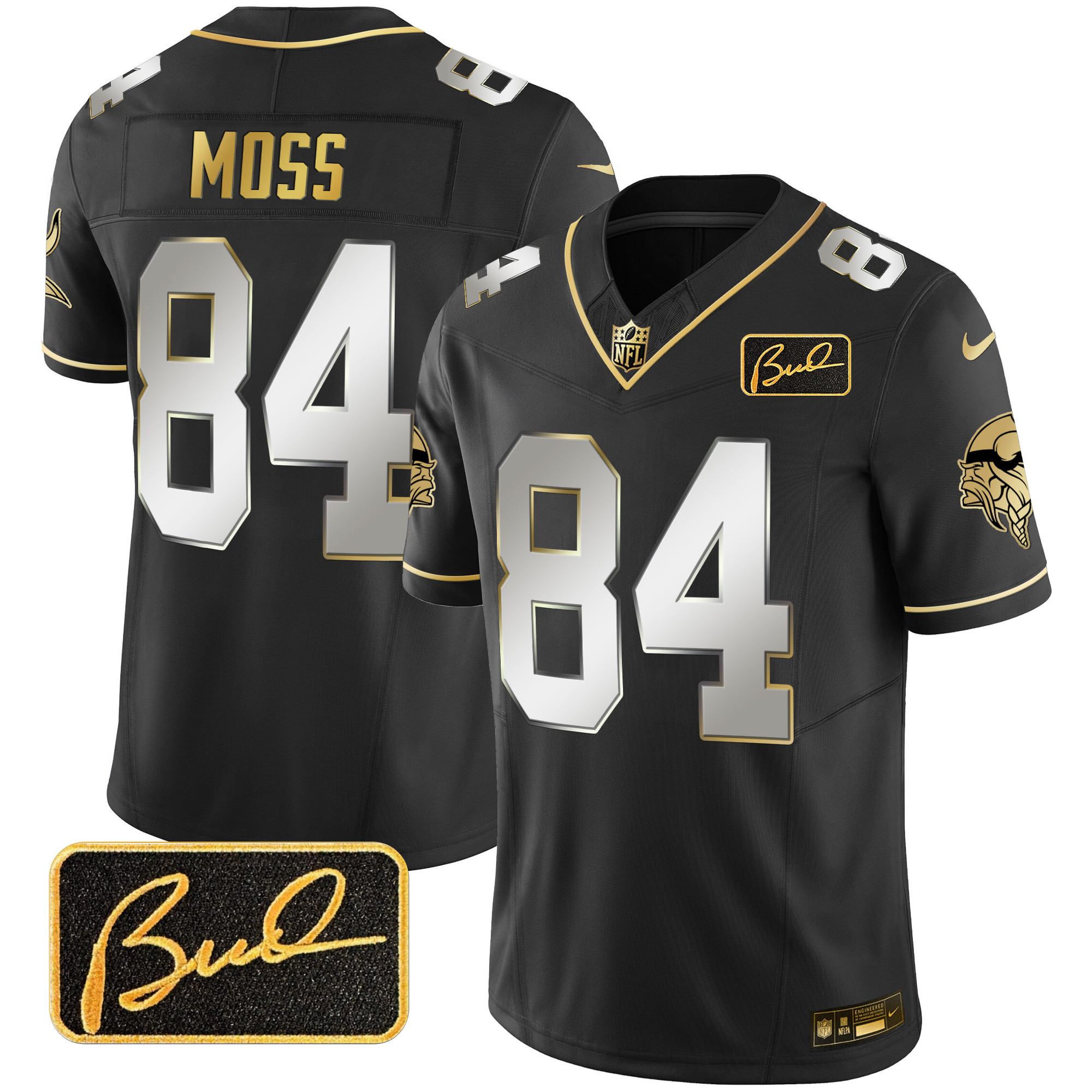 Randy Moss Men's Minnesota Vikings Bud Grant Patch Gold Limited V2 Black Limited Jersey - All Stitched