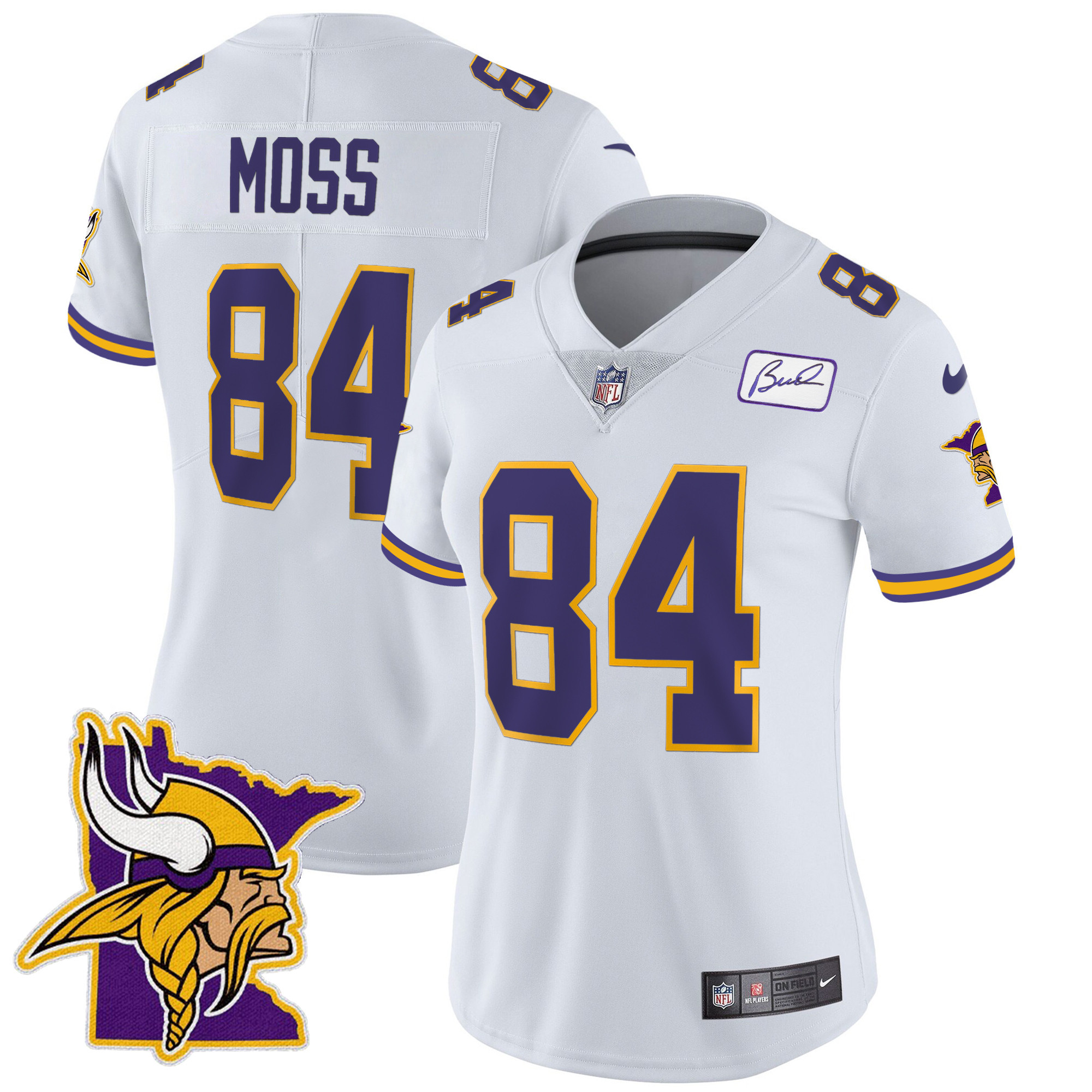 Randy Moss Women's Minnesota Vikings Bud Grant Patch Classic Limited V5 White Jersey - All Stitched
