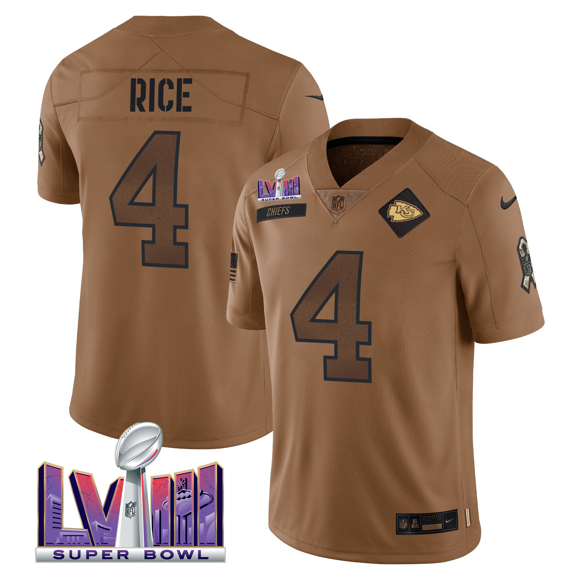 Rashee Rice Kansas City Chiefs Super Bowl LVIII Patch Salute To Service Brown Limited Jersey - All Stitched 