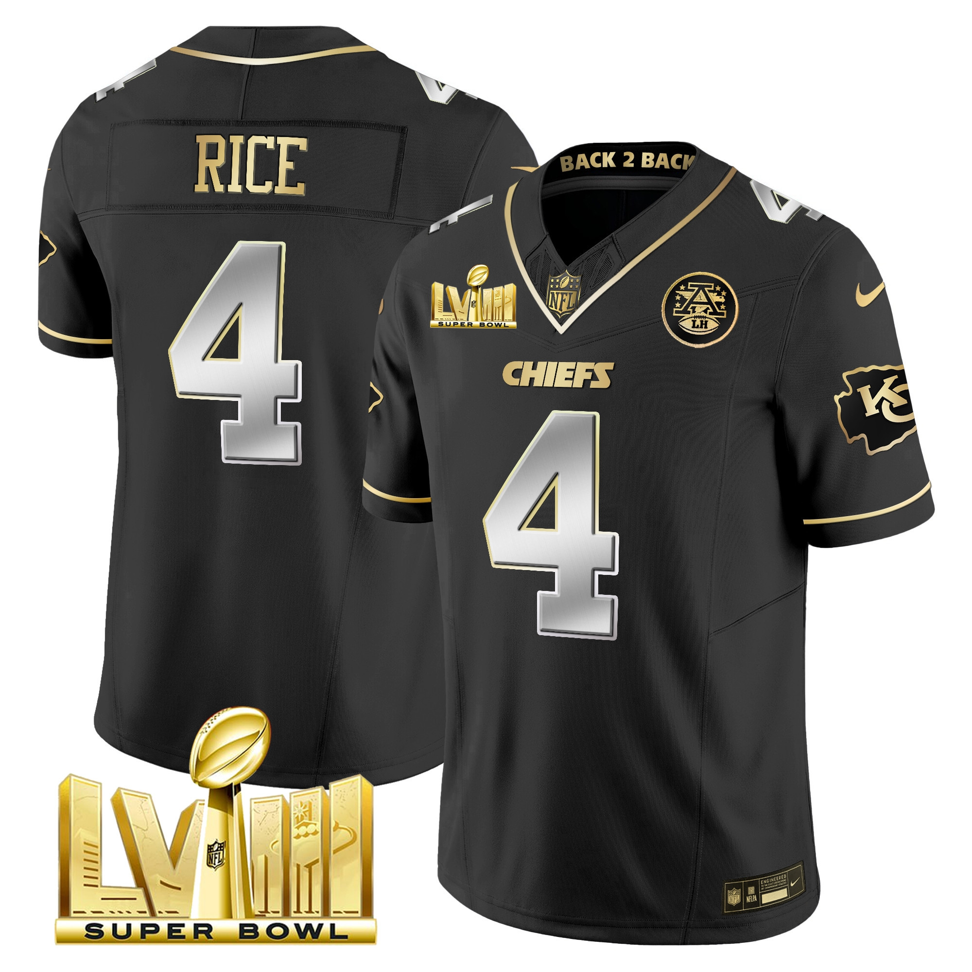 Rashee Rice Men's Kansas City Chiefs Super Bowl LVIII & Back 2 Back Gold Patch Vapor Black Limited Jersey - All Stitched 