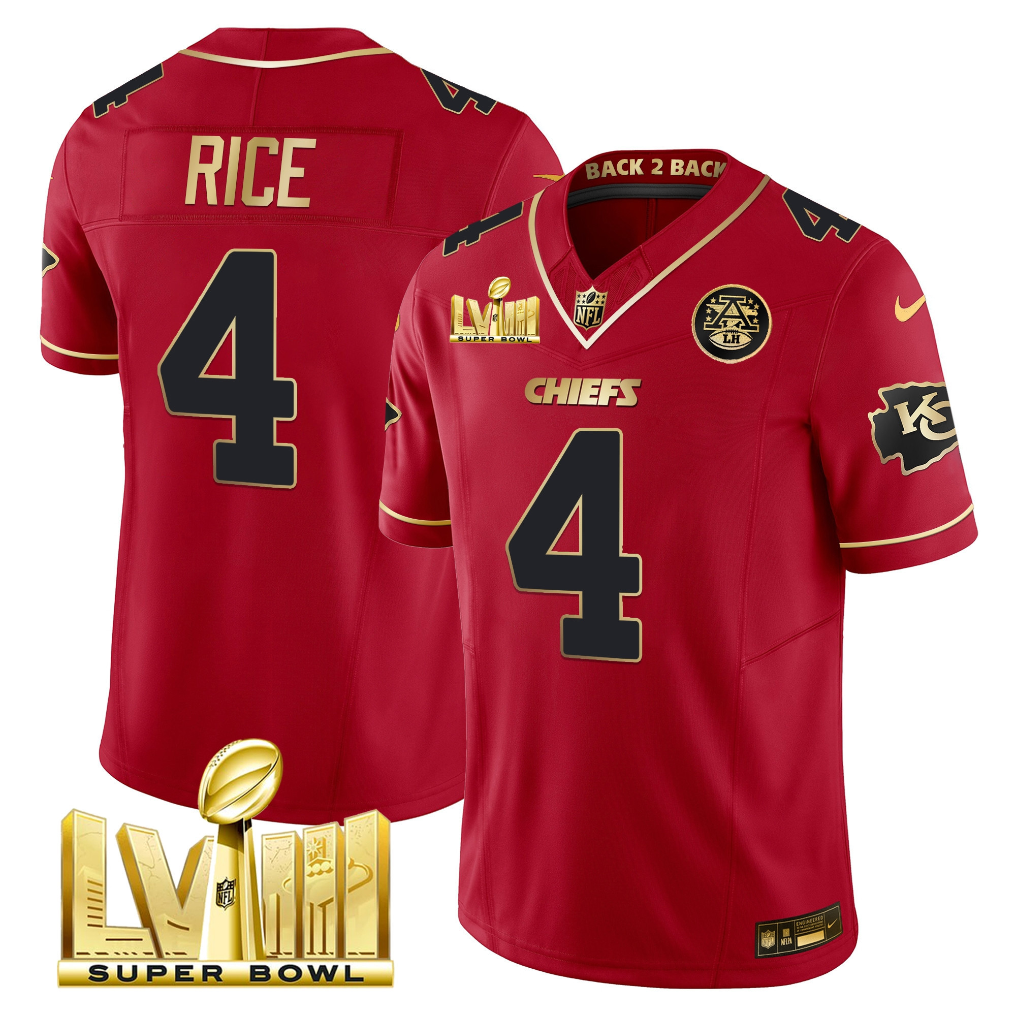 Rashee Rice Men's Kansas City Chiefs Super Bowl LVIII & Back 2 Back Gold Patch Vapor Red Special Jersey - All Stitched 