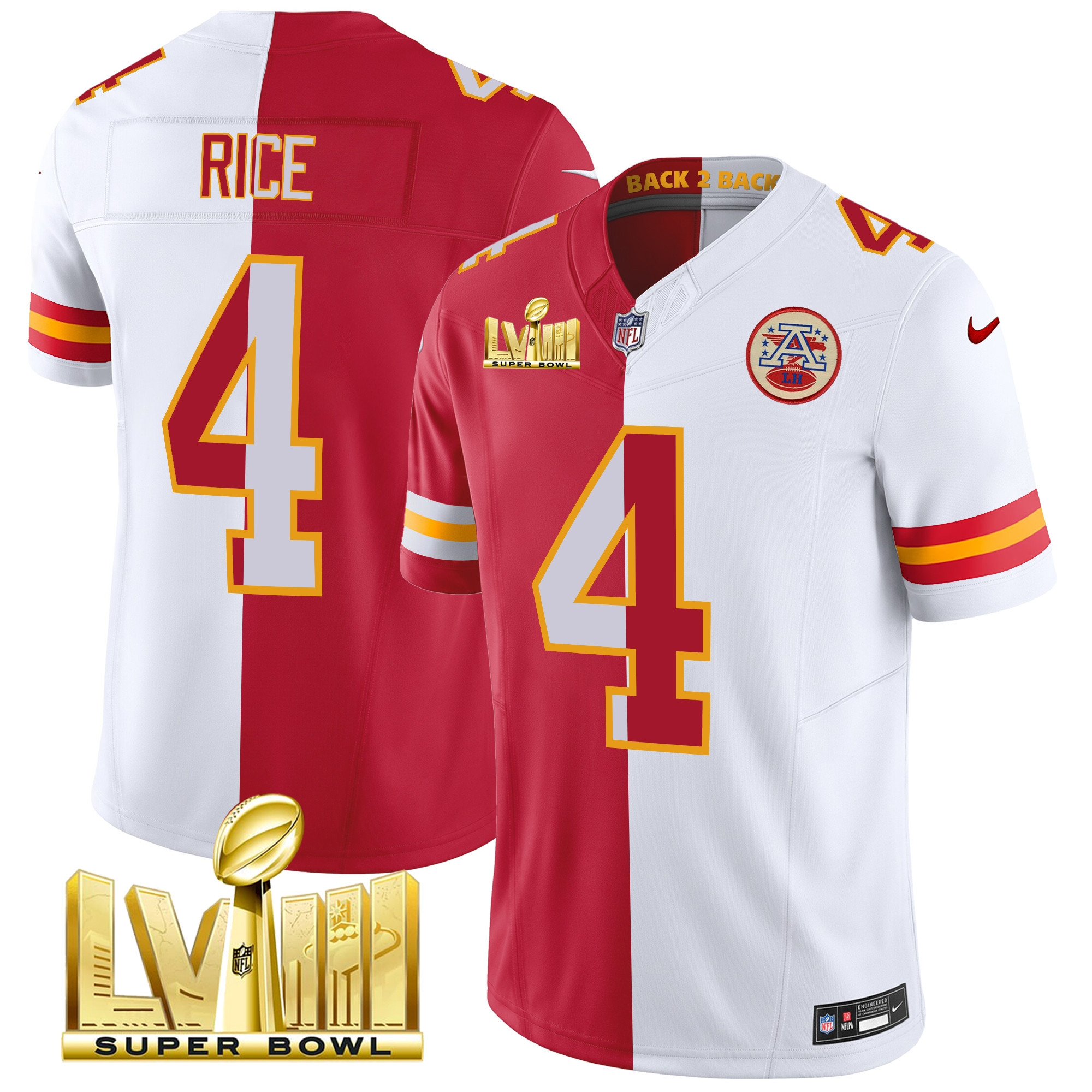 Rashee Rice Men's Kansas City Chiefs Super Bowl LVIII & Back 2 Back Gold Patch Vapor Split Jersey - All Stitched 