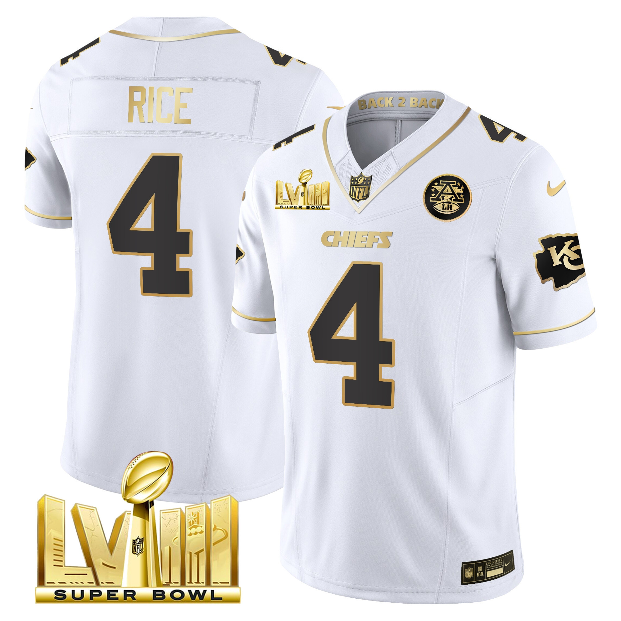 Rashee Rice Men's Kansas City Chiefs Super Bowl LVIII & Back 2 Back Gold Patch Vapor White Gold Jersey - All Stitched 