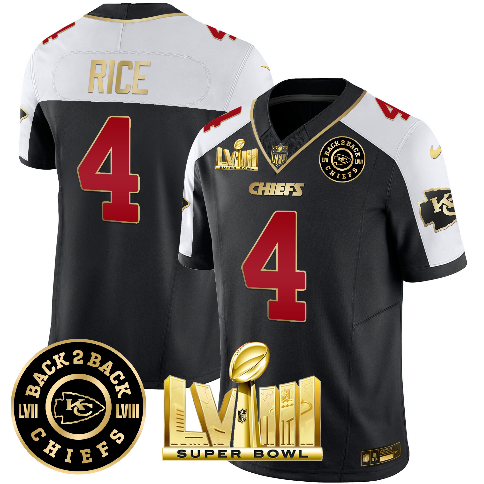 Rashee Rice Men's Kansas City Chiefs Super Bowl LVIII & Back 2 Back Patch Vapor Black Alternate Jersey - All Stitched 