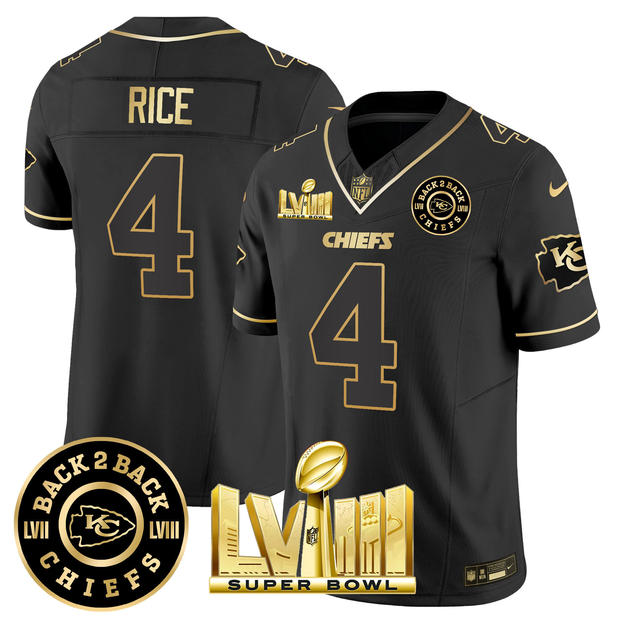 Rashee Rice Men's Kansas City Chiefs Super Bowl LVIII & Back 2 Back Patch Vapor Black Gold Jersey - All Stitched 