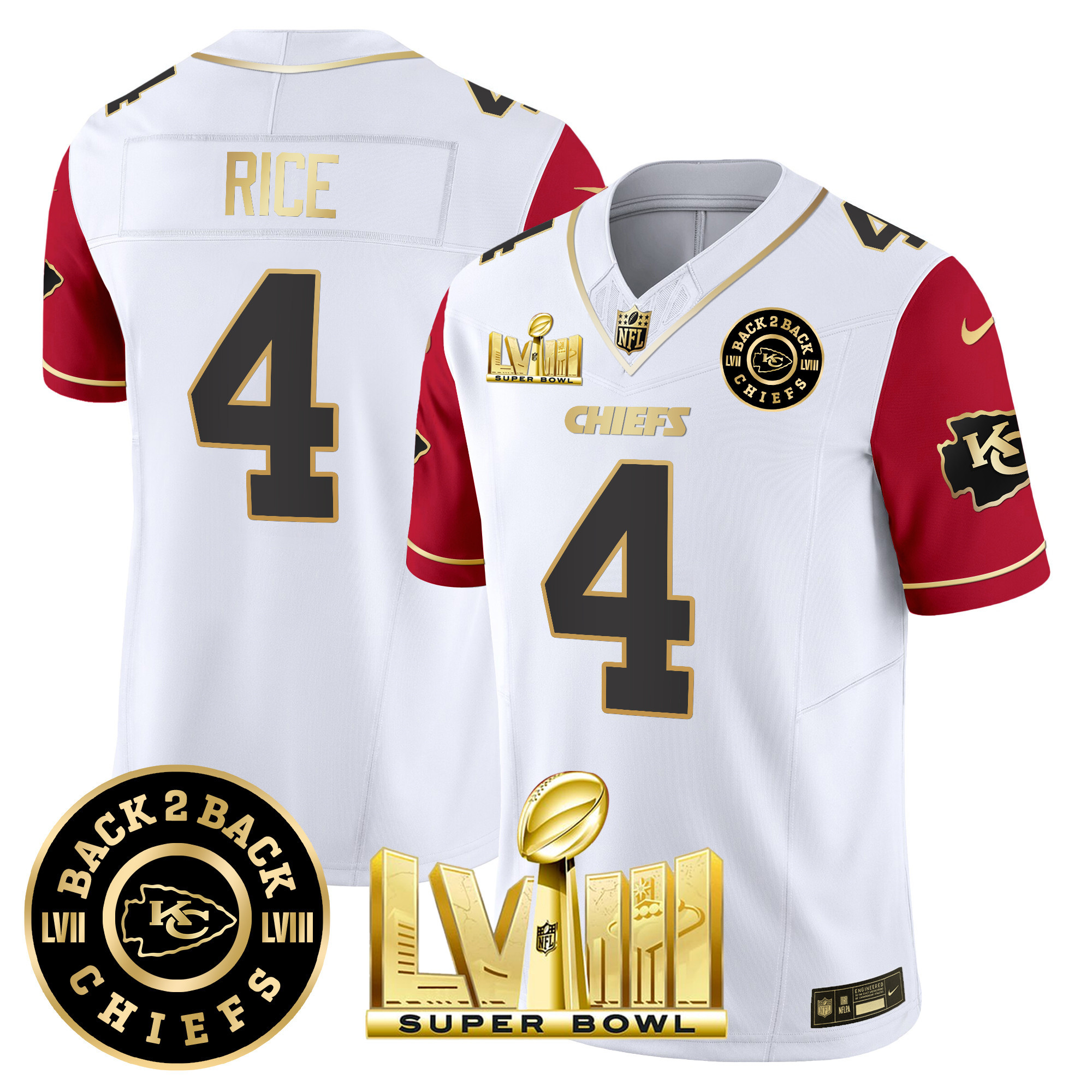Rashee Rice Men's Kansas City Chiefs Super Bowl LVIII & Back 2 Back Patch Vapor Color Sleeves Jersey - All Stitched 