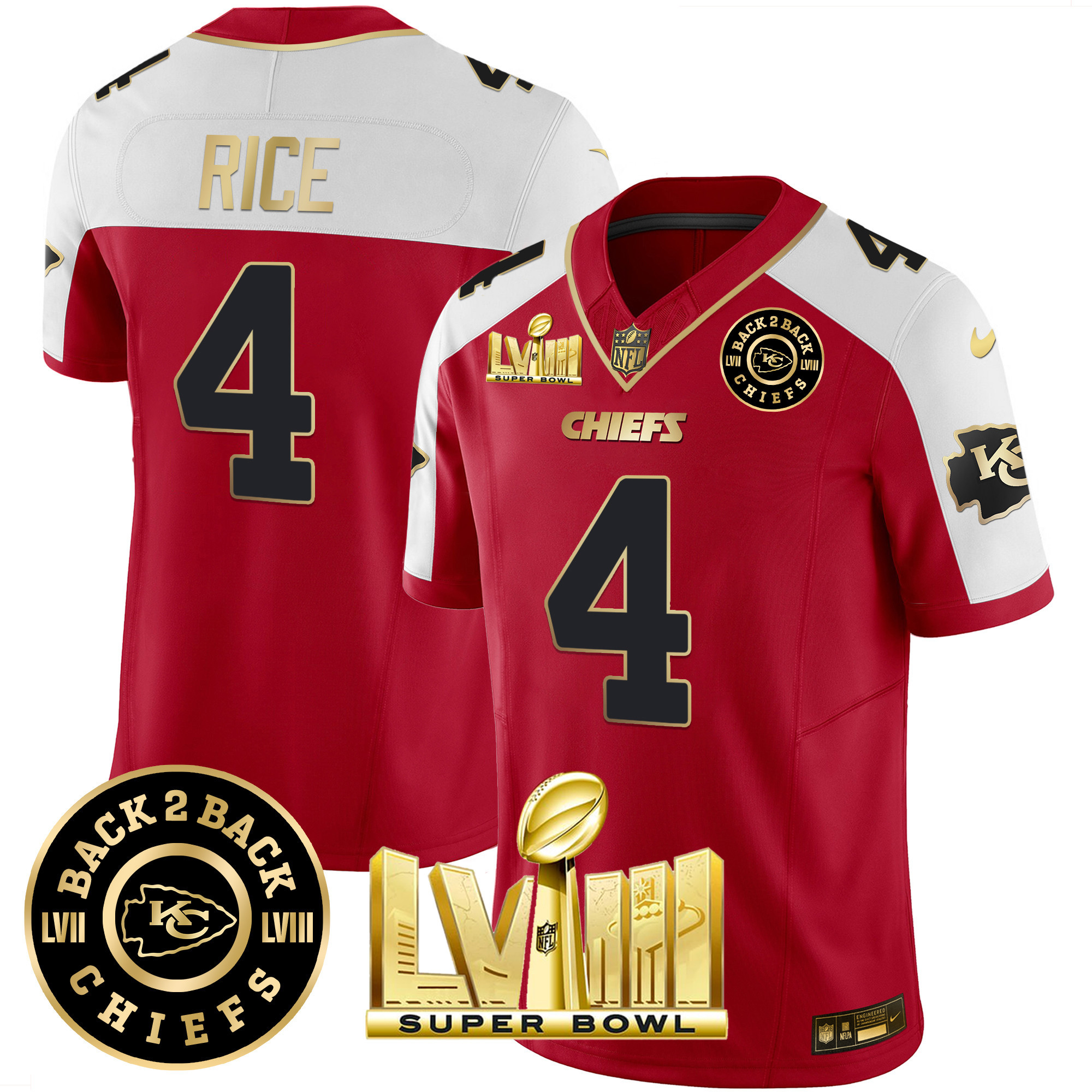 Rashee Rice Men's Kansas City Chiefs Super Bowl LVIII & Back 2 Back Patch Vapor Red Alternate Jersey - All Stitched 
