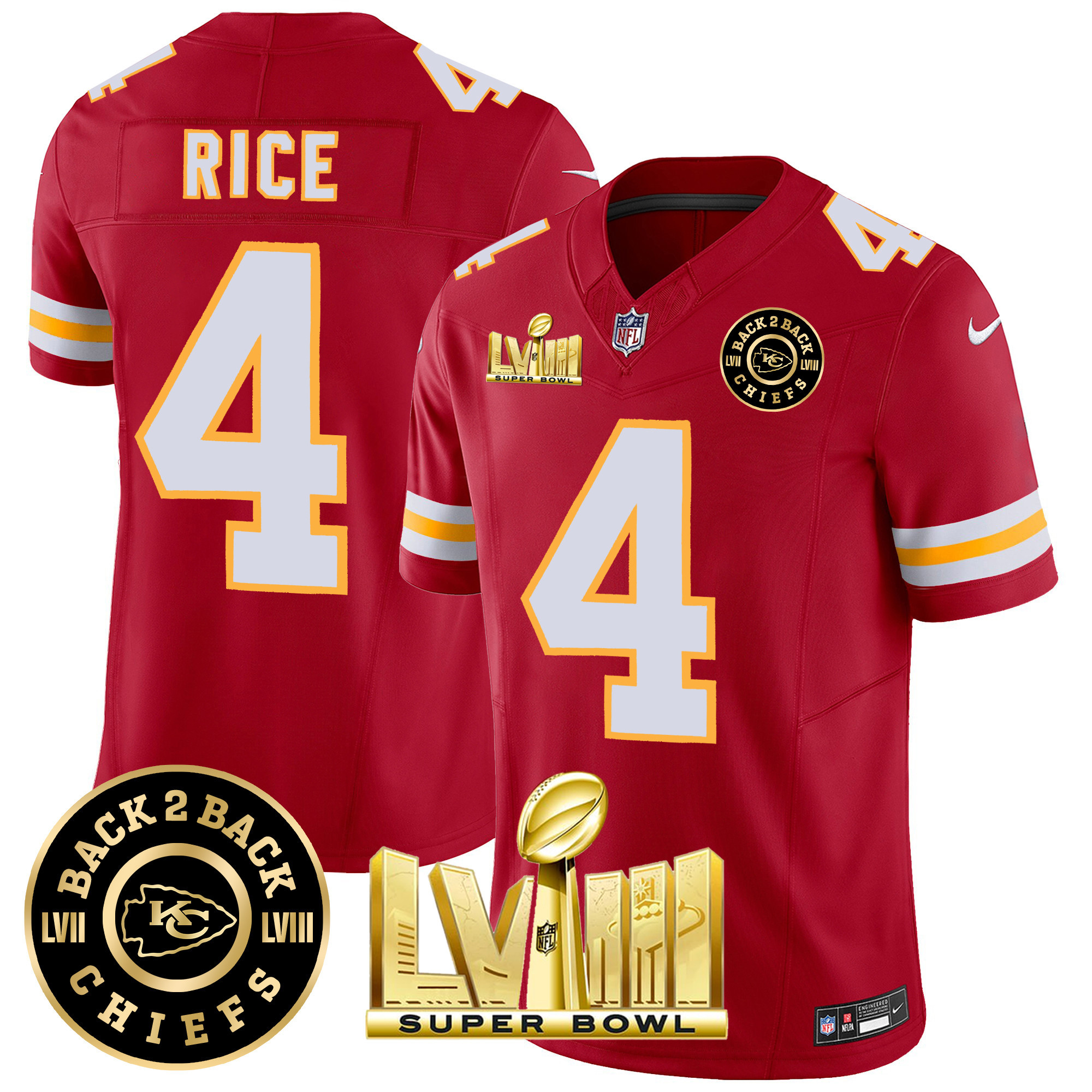 Rashee Rice Men's Kansas City Chiefs Super Bowl LVIII & Back 2 Back Patch Vapor Red Jersey - All Stitched 