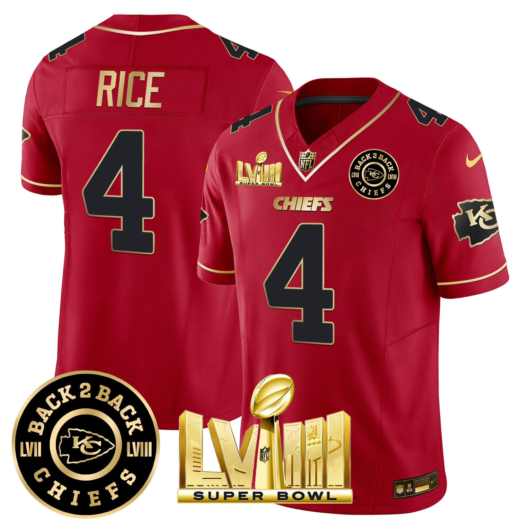 Rashee Rice Men's Kansas City Chiefs Super Bowl LVIII & Back 2 Back Patch Vapor Red Special Jersey - All Stitched 