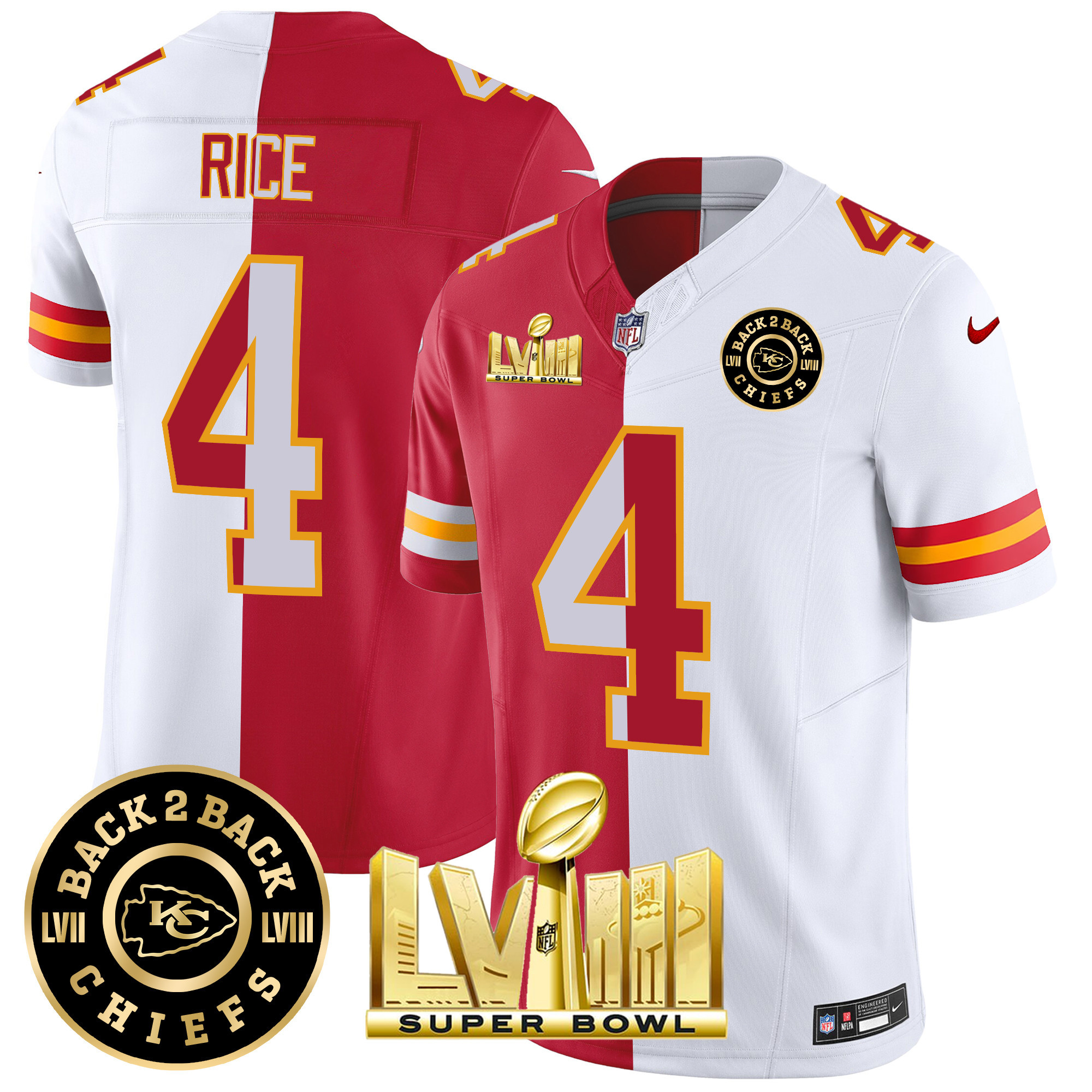 Rashee Rice Men's Kansas City Chiefs Super Bowl LVIII & Back 2 Back Patch Vapor Split Jersey - All Stitched 