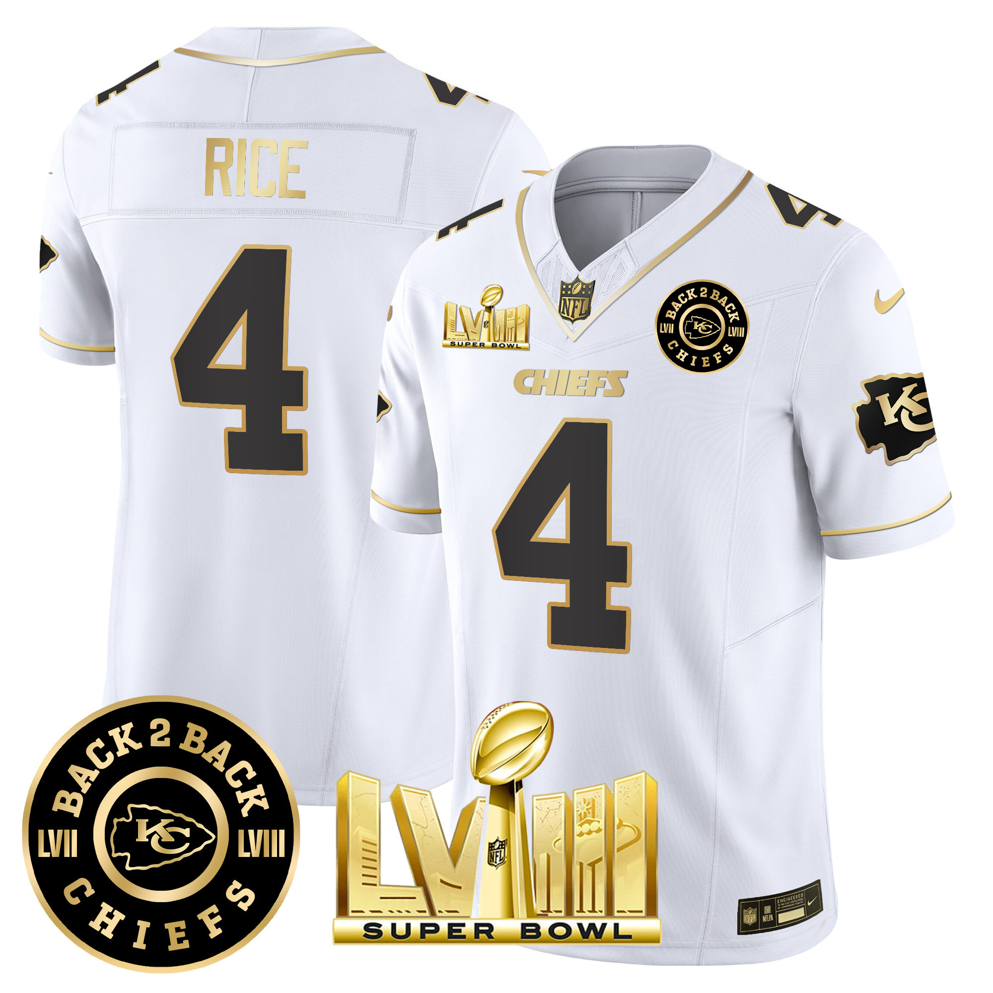 Rashee Rice Men's Kansas City Chiefs Super Bowl LVIII & Back 2 Back Patch Vapor White Gold Jersey - All Stitched 