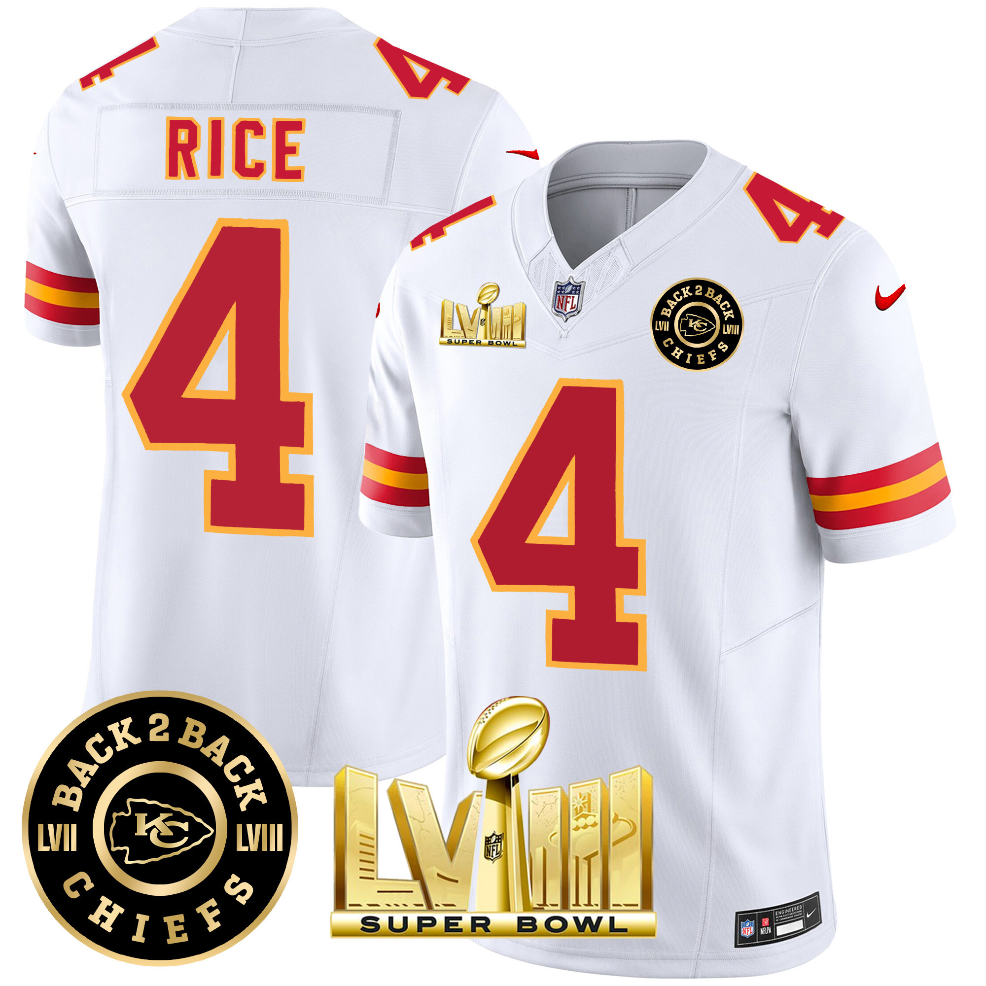Rashee Rice Men's Kansas City Chiefs Super Bowl LVIII & Back 2 Back Patch Vapor White Jersey - All Stitched 