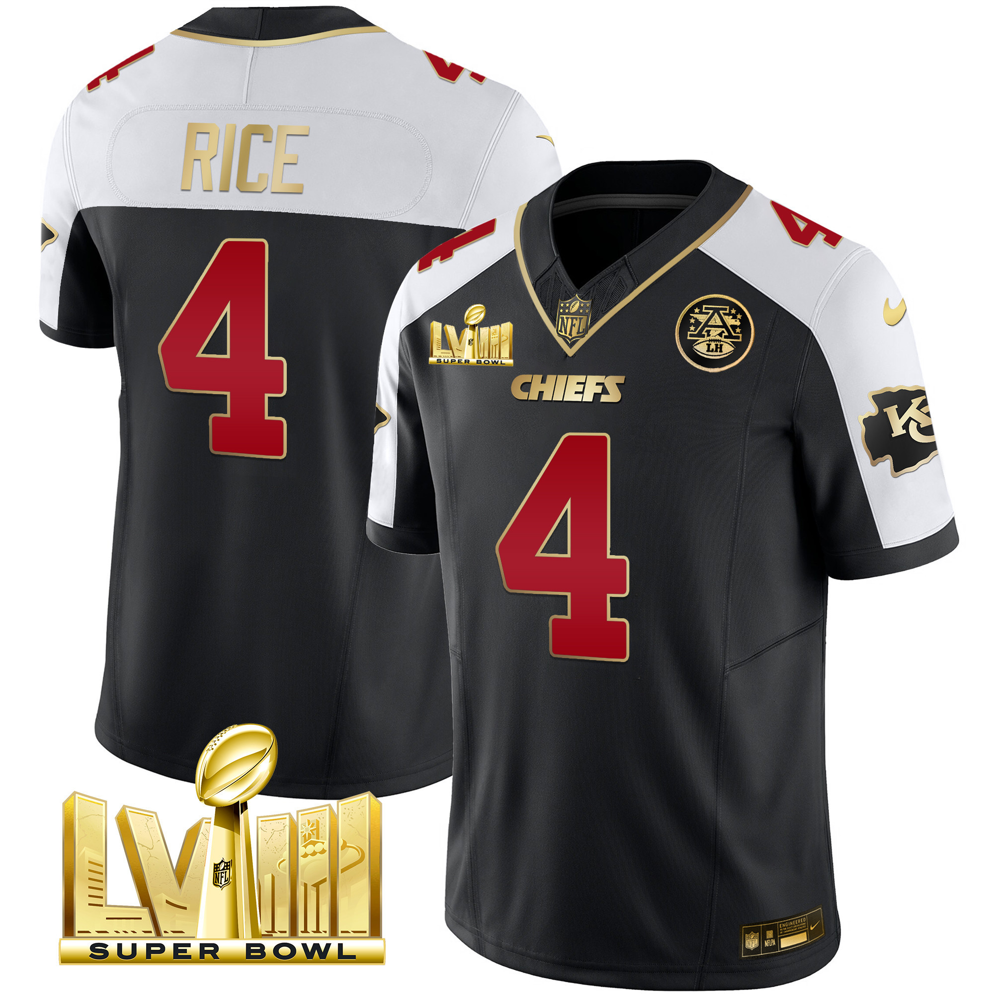 Rashee Rice Men's Kansas City Chiefs Super Bowl LVIII Gold Patch Vapor Black Alternate Jersey - All Stitched 