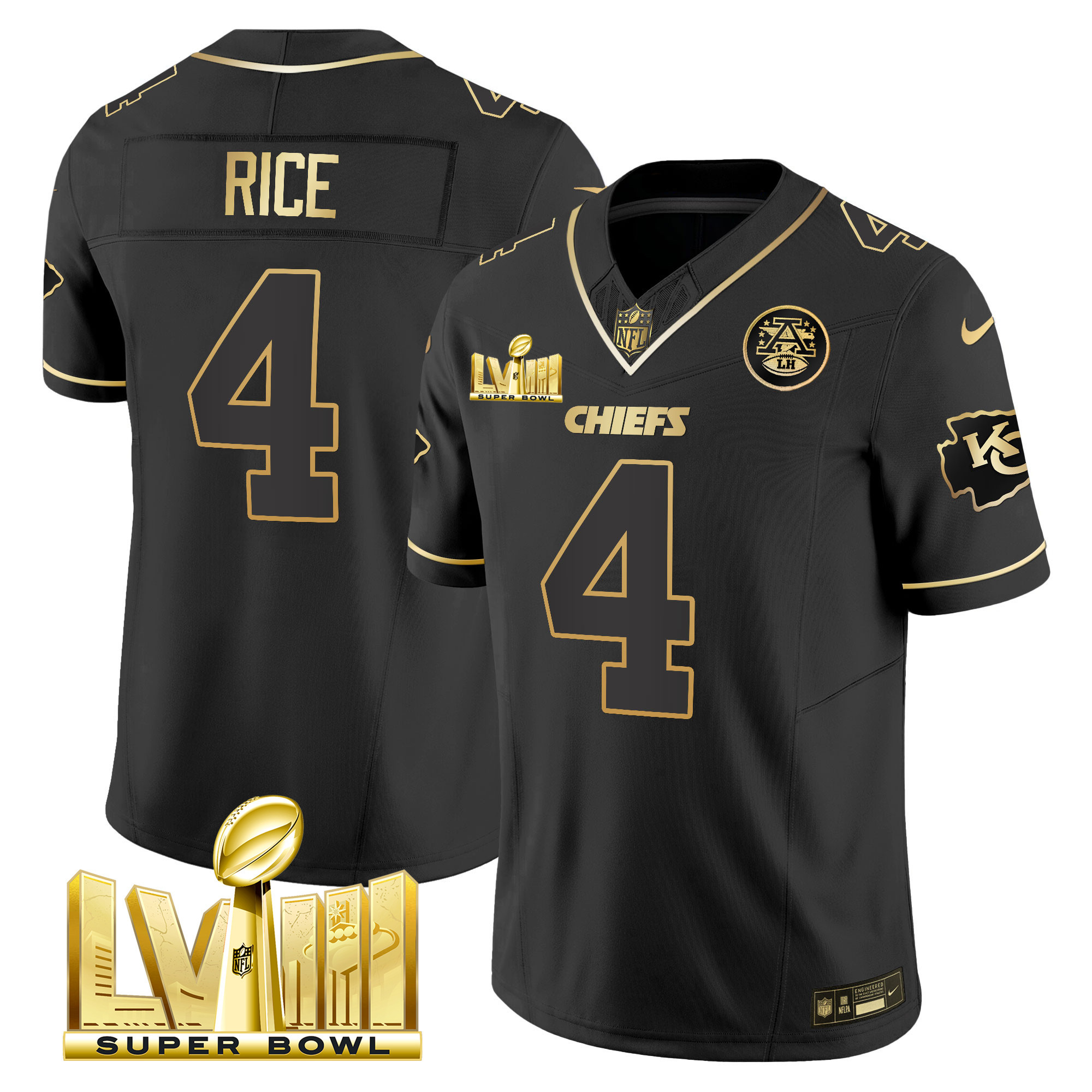 Rashee Rice Men's Kansas City Chiefs Super Bowl LVIII Gold Patch Vapor Black Gold Jersey - All Stitched 