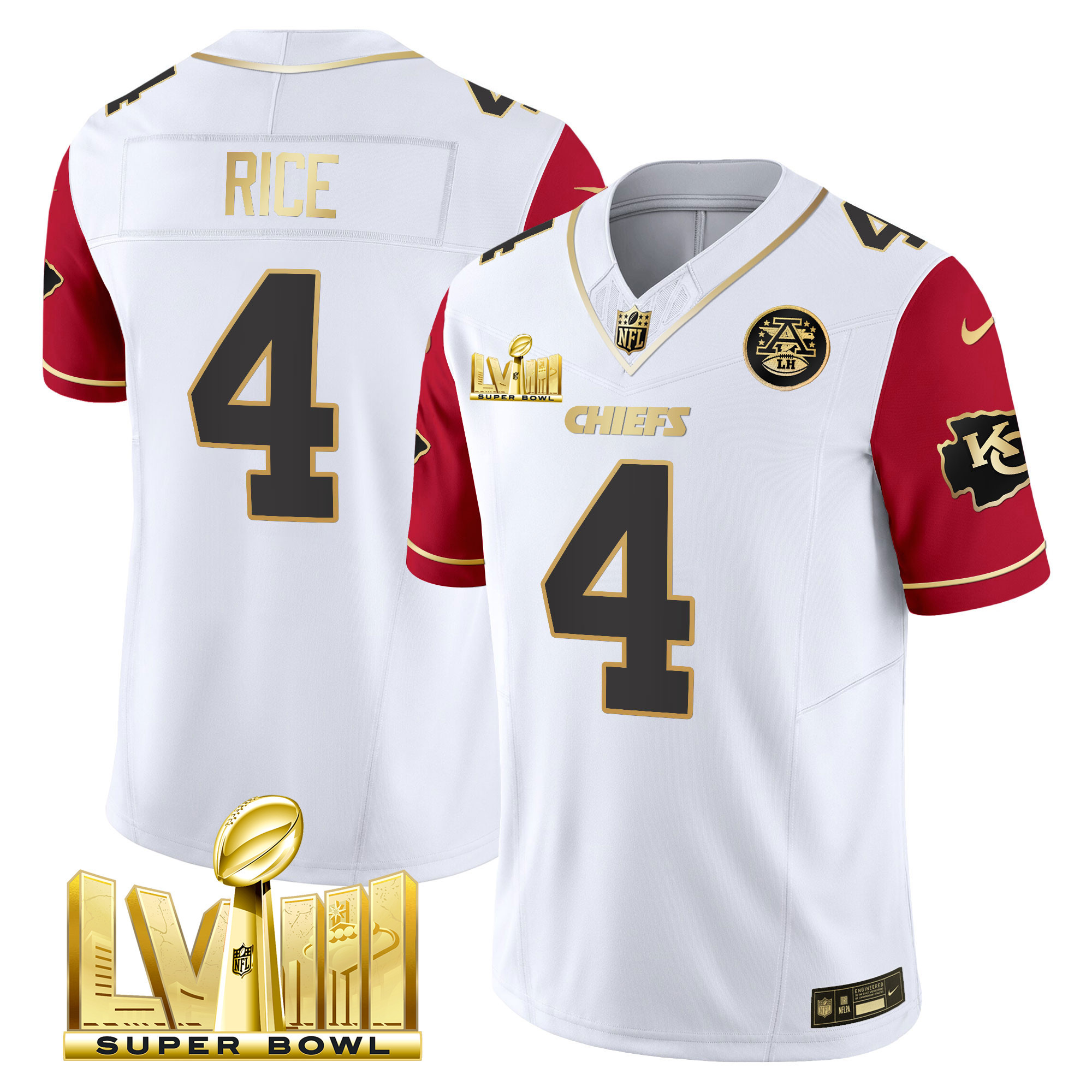 Rashee Rice Men's Kansas City Chiefs Super Bowl LVIII Gold Patch Vapor Color Sleeves Jersey - All Stitched 