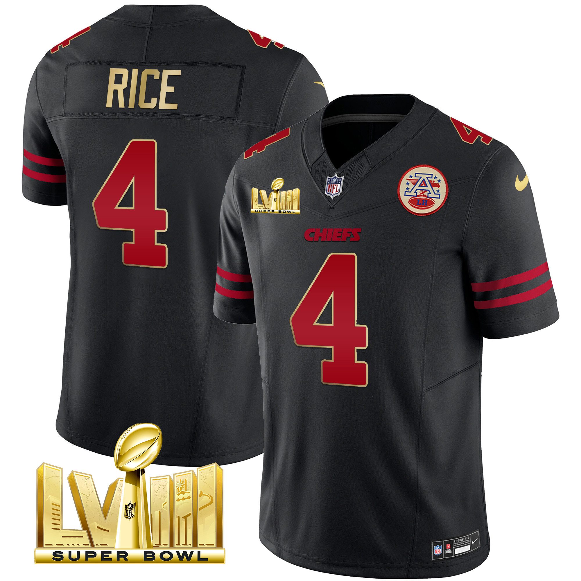 Rashee Rice Men's Kansas City Chiefs Super Bowl LVIII Gold Patch Vapor Gold Trim Jersey - All Stitched 