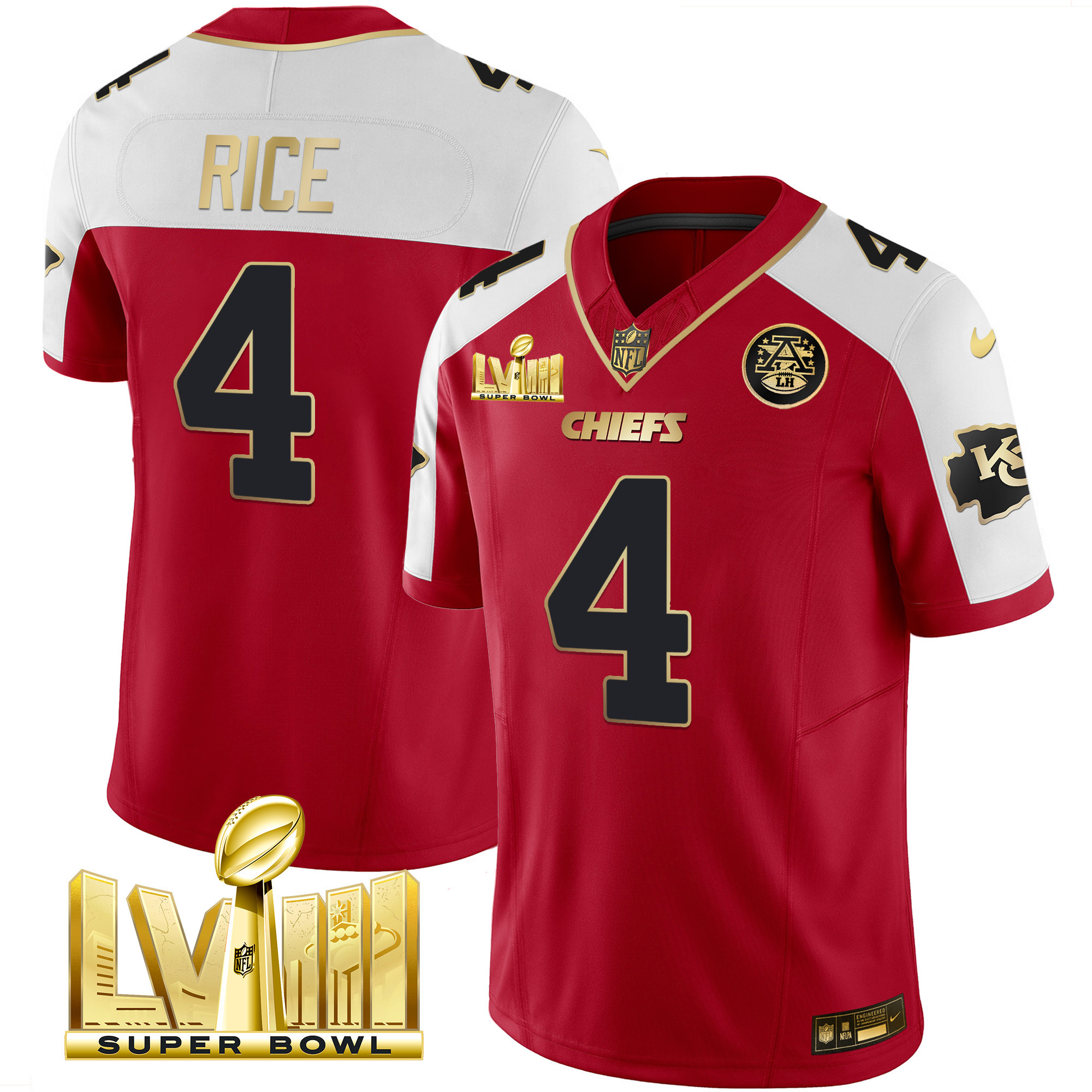 Rashee Rice Men's Kansas City Chiefs Super Bowl LVIII Gold Patch Vapor Red Alternate Jersey - All Stitched 