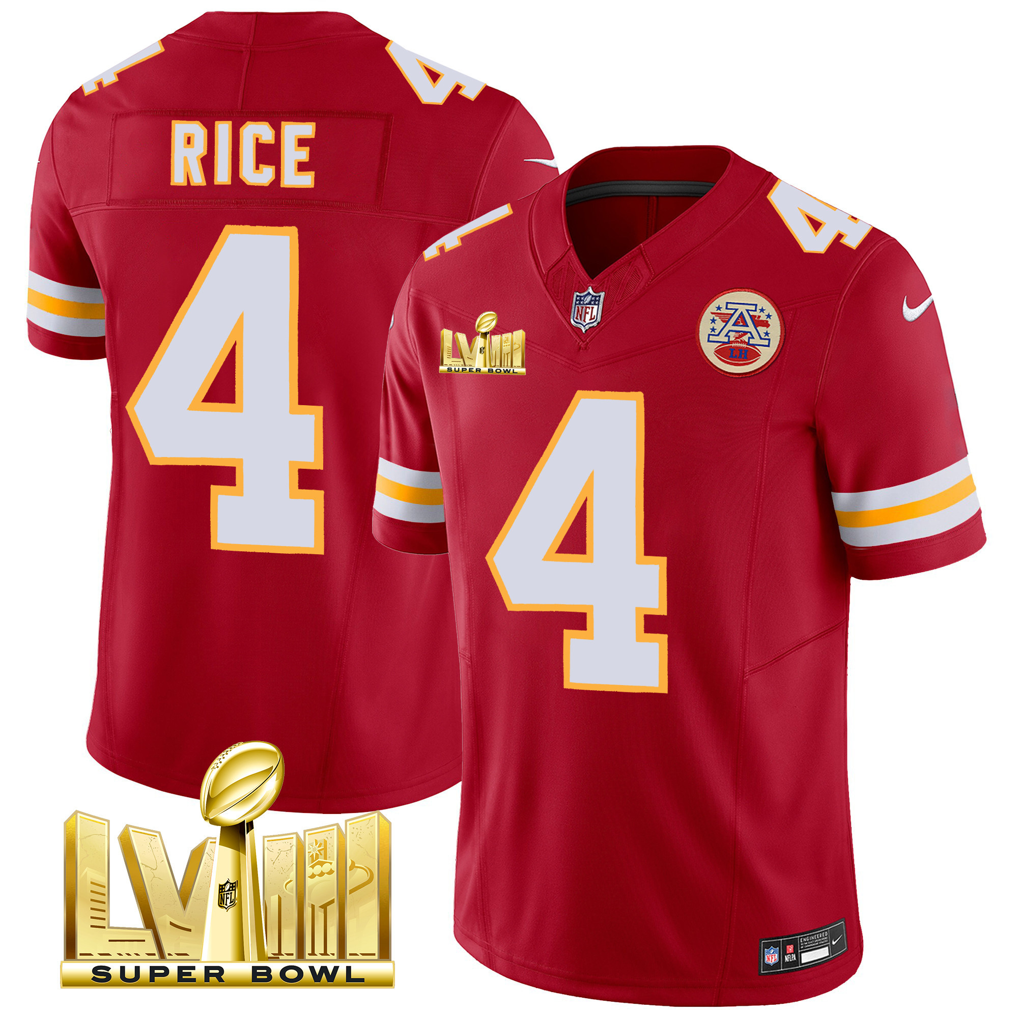 Rashee Rice Men's Kansas City Chiefs Super Bowl LVIII Gold Patch Vapor Red Jersey - All Stitched 