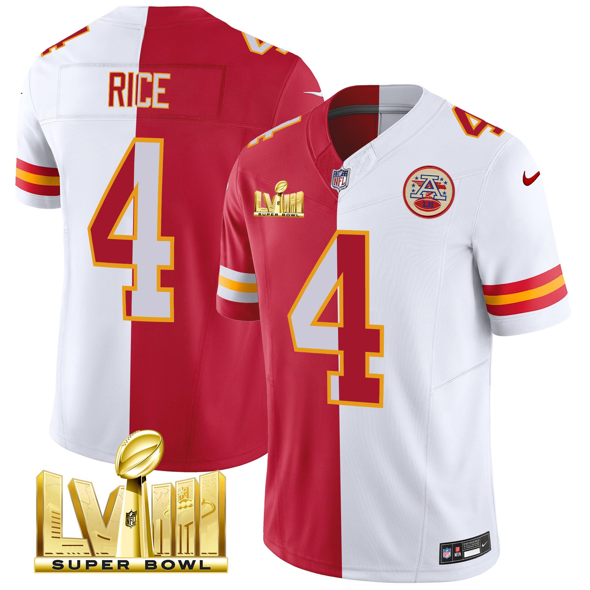 Rashee Rice Men's Kansas City Chiefs Super Bowl LVIII Gold Patch Vapor Split Jersey - All Stitched 