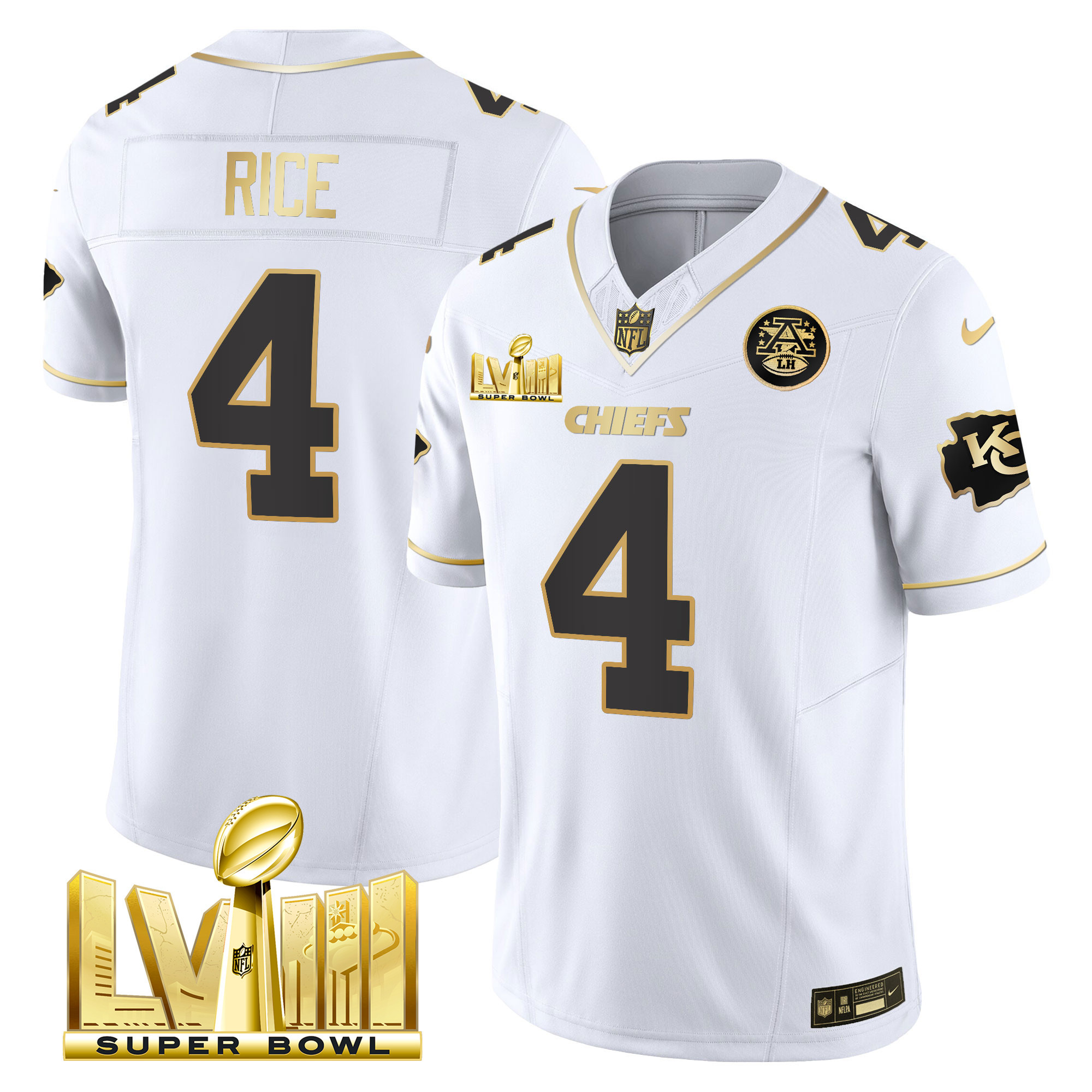 Rashee Rice Men's Kansas City Chiefs Super Bowl LVIII Gold Patch Vapor White Gold Jersey - All Stitched 