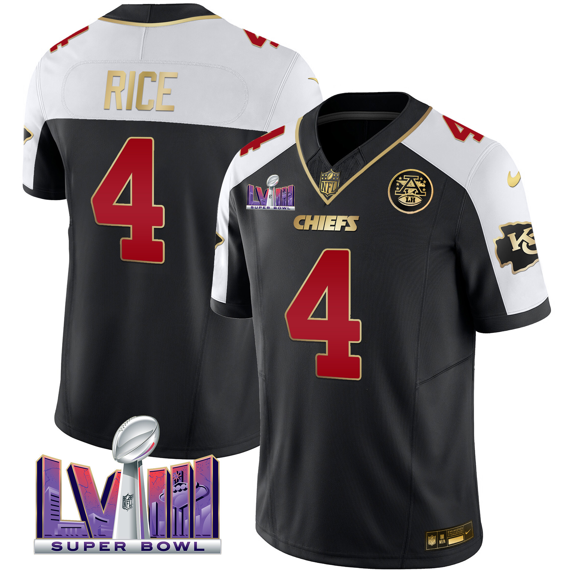 Rashee Rice Men's Kansas City Chiefs Super Bowl LVIII Patch Vapor Black Alternate Jersey - All Stitched 