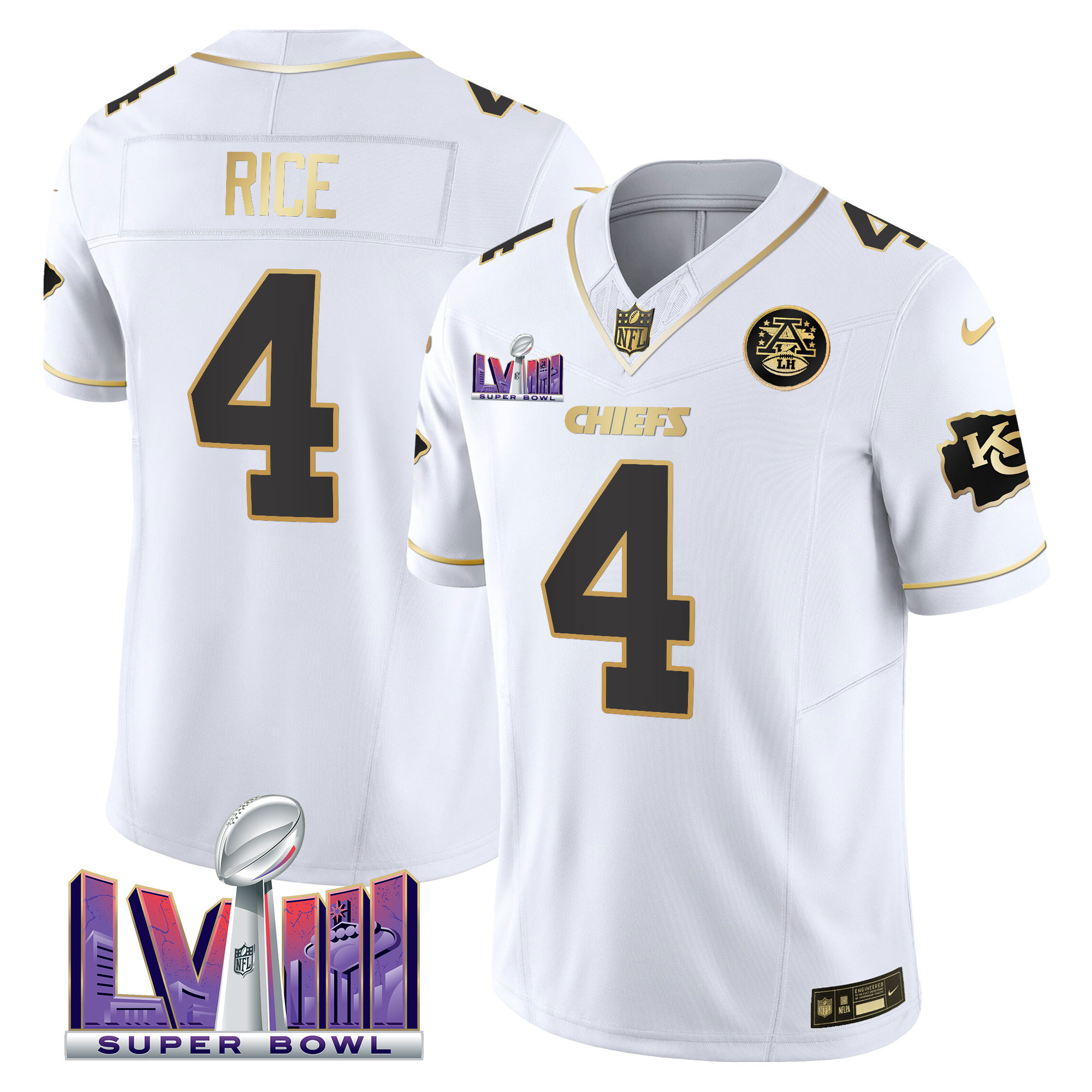 Rashee Rice Men's Kansas City Chiefs Super Bowl LVIII Patch Vapor White Gold Jersey - All Stitched 