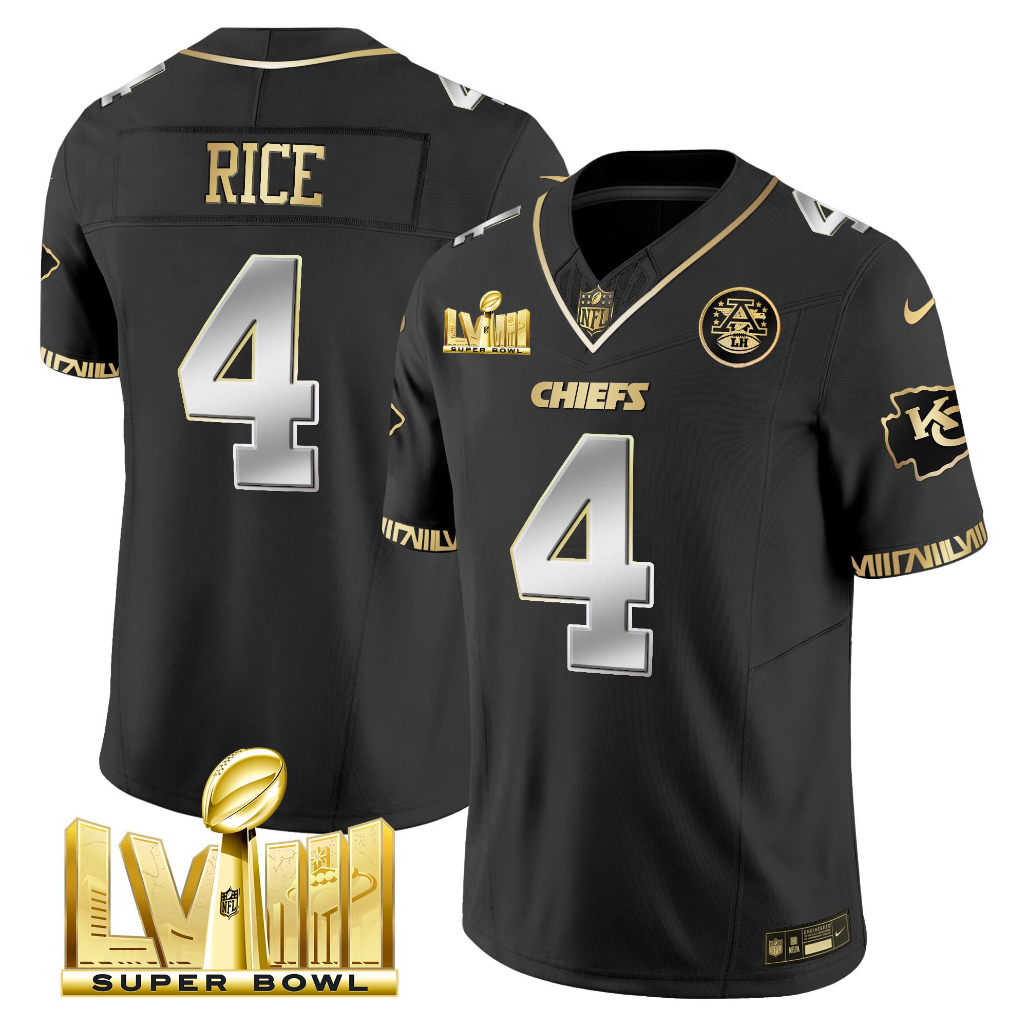 Rashee Rice Men's Kansas City Chiefs Super Bowl LVIII Pattern Gold Vapor Black Limited Jersey - All Stitched 
