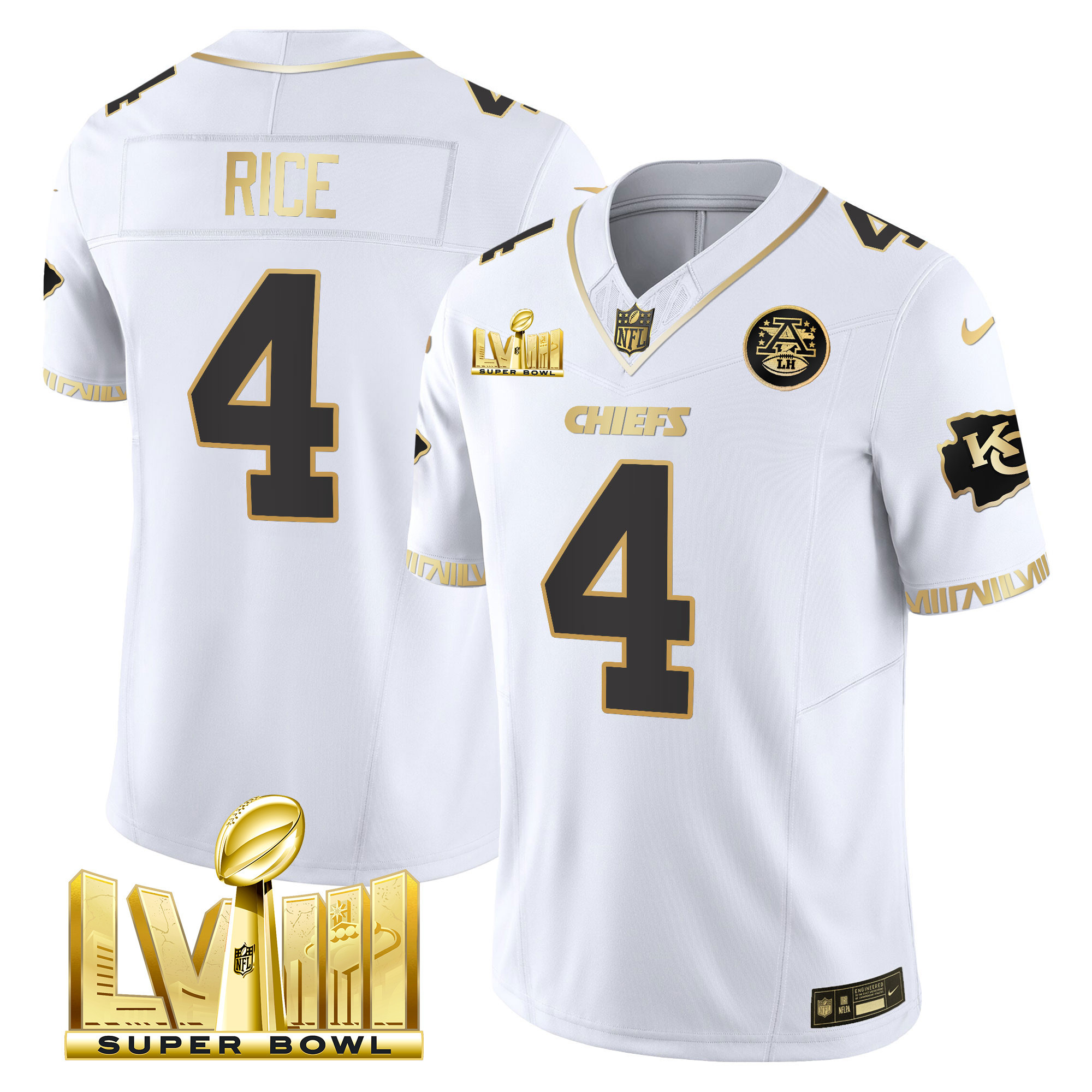 Rashee Rice Men's Kansas City Chiefs Super Bowl LVIII Pattern Gold Vapor White Gold Jersey - All Stitched 