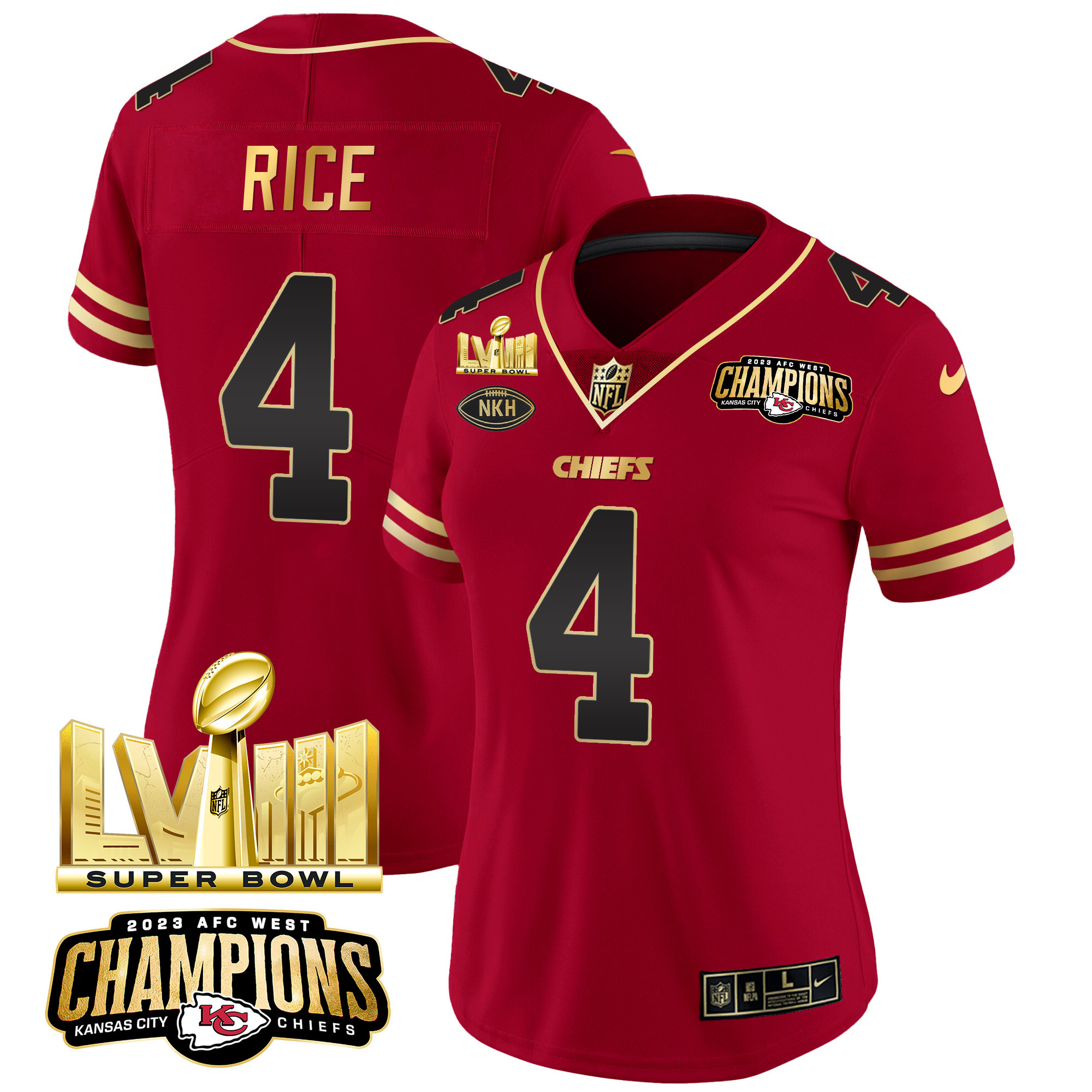 Rashee Rice Women's Kansas City Chiefs AFC West Champions & Super Bowl LVIII Gold Patch Vapor Black Red Jersey - All Stitched 