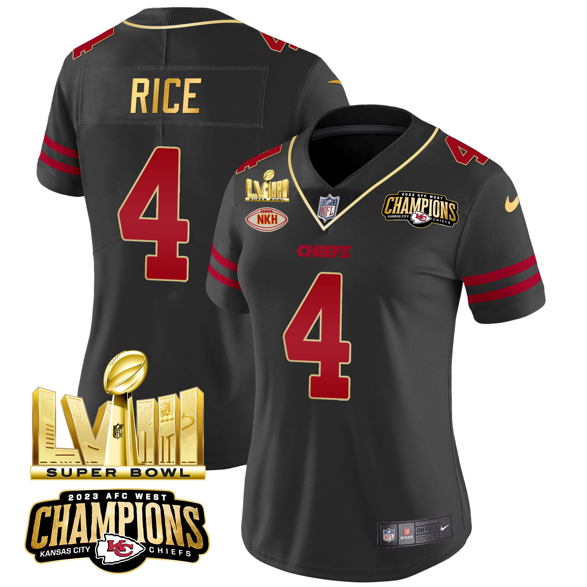 Rashee Rice Women's Kansas City Chiefs AFC West Champions & Super Bowl LVIII Gold Patch Vapor Gold Trim Jersey - All Stitched 