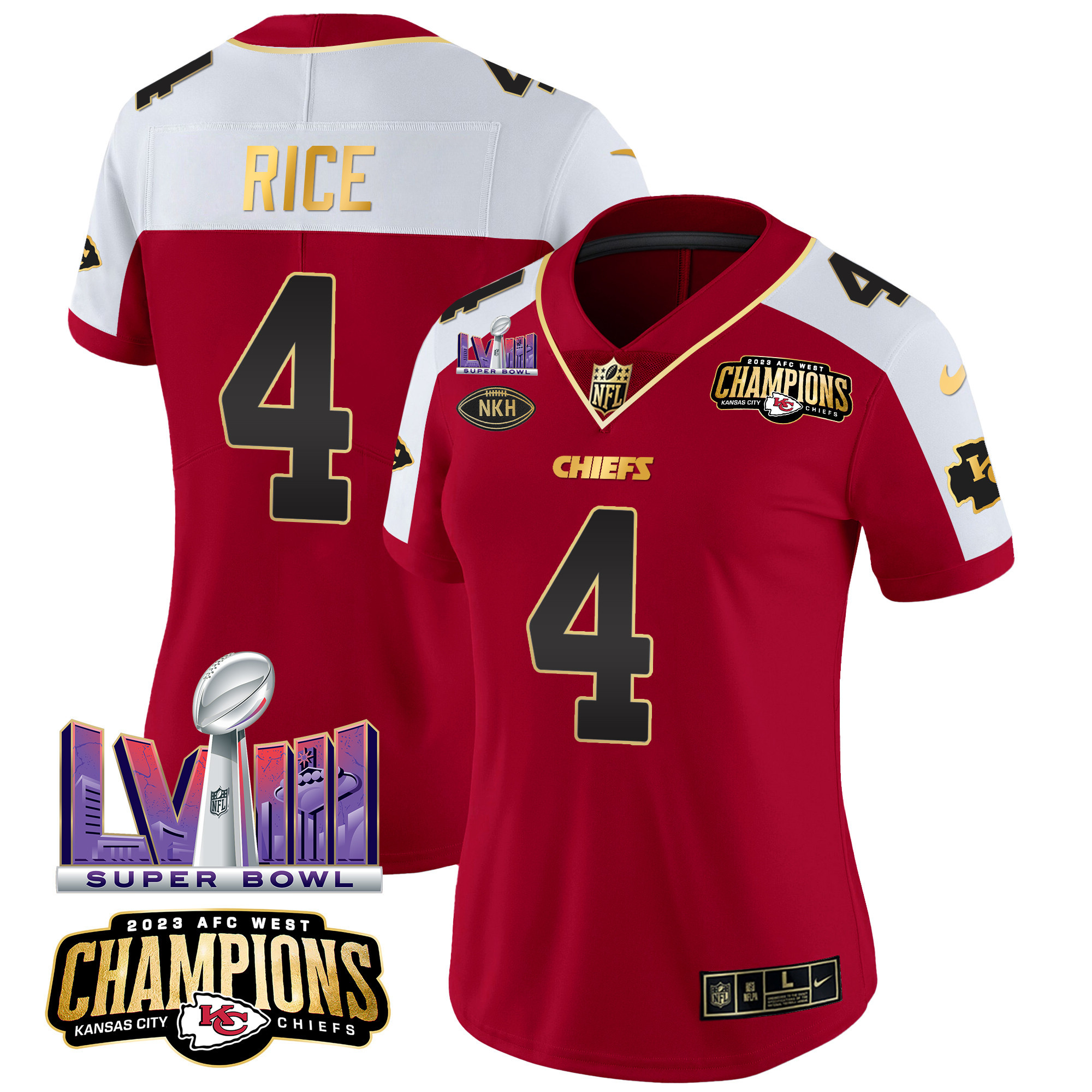 Rashee Rice Women's Kansas City Chiefs AFC West Champions & Super Bowl LVIII Patch Vapor Red Alternate Jersey - All Stitched 