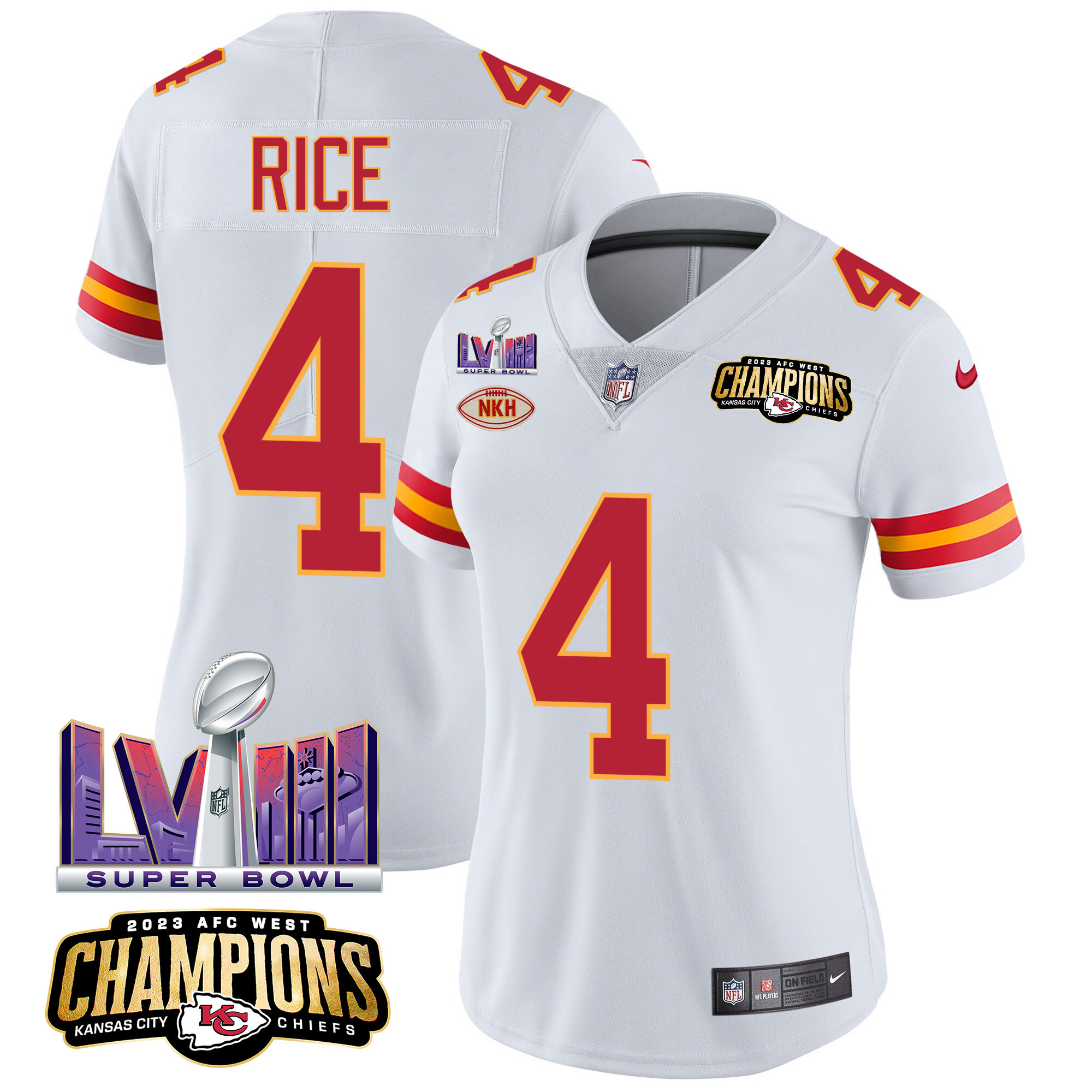 Rashee Rice Women's Kansas City Chiefs AFC West Champions & Super Bowl LVIII Patch Vapor White Jersey - All Stitched 