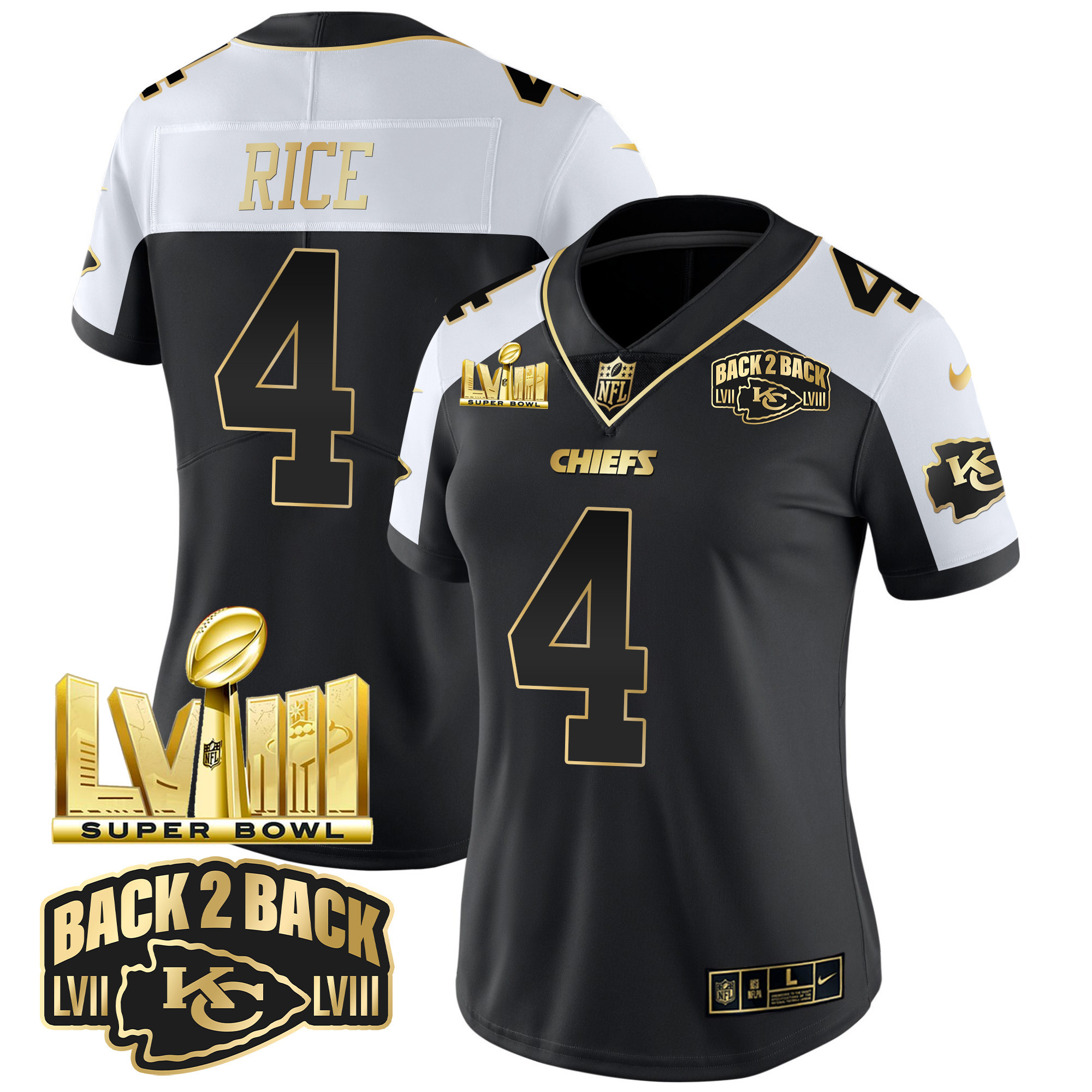 Rashee Rice Women's Kansas City Chiefs Super Bowl LVIII & Back 2 Back Gold Patch Vapor Alternate Jersey - All Stitched 