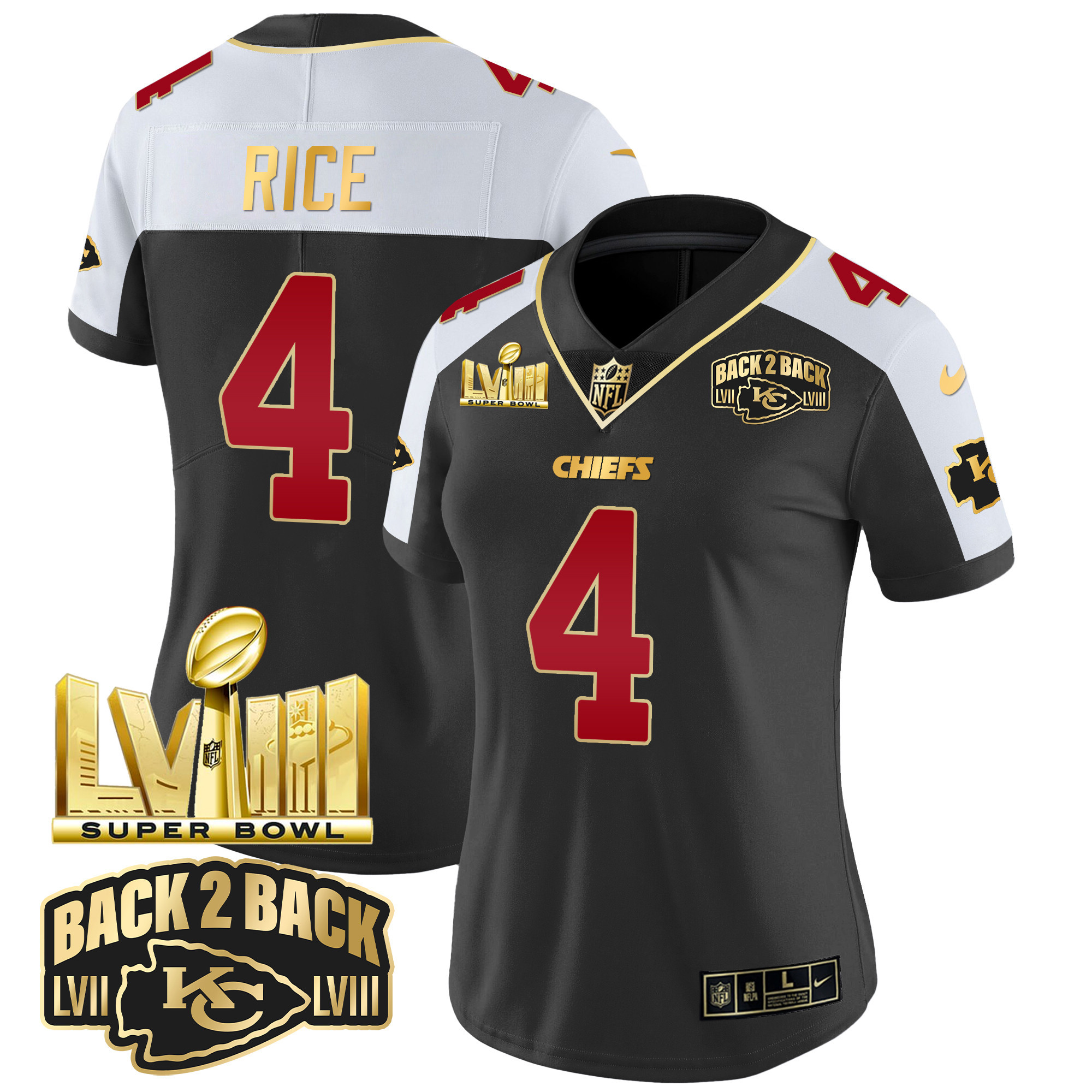 Rashee Rice Women's Kansas City Chiefs Super Bowl LVIII & Back 2 Back Gold Patch Vapor Black Alternate Jersey - All Stitched 