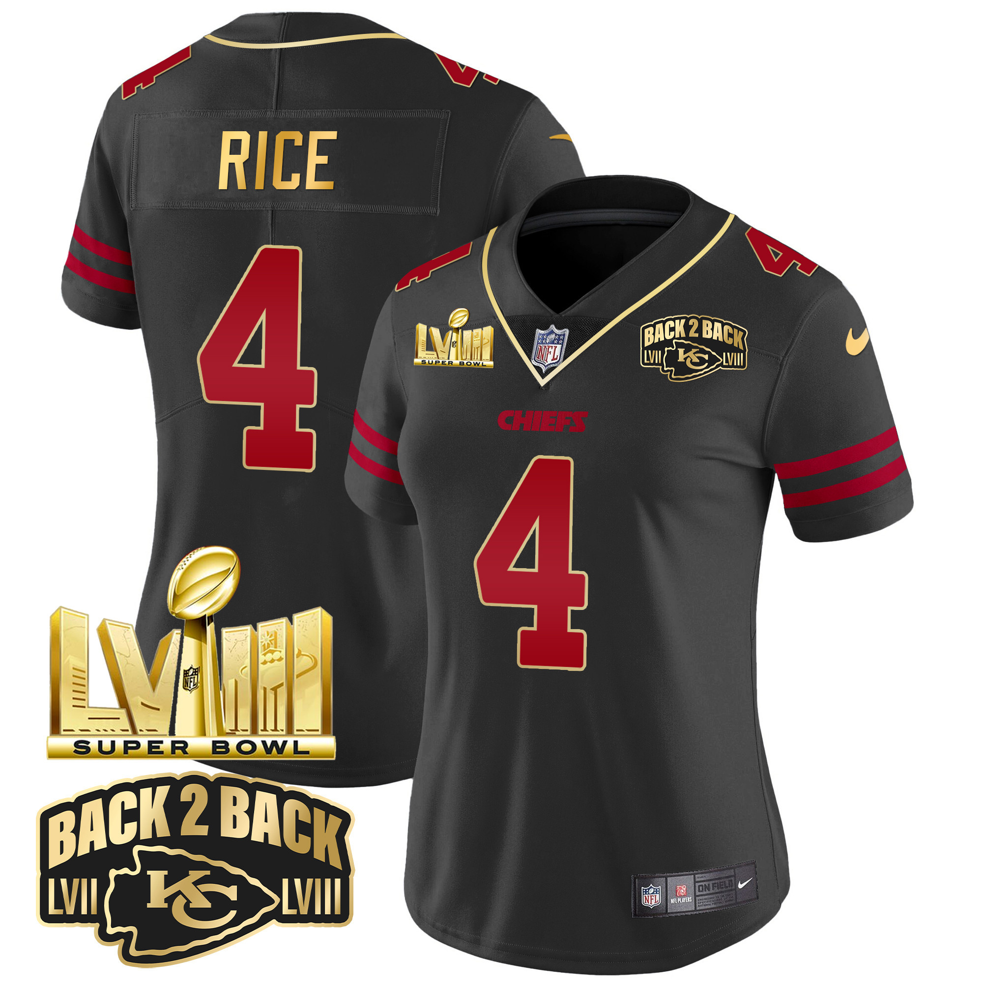 Rashee Rice Women's Kansas City Chiefs Super Bowl LVIII & Back 2 Back Gold Patch Vapor Gold Trim Jersey - All Stitched 