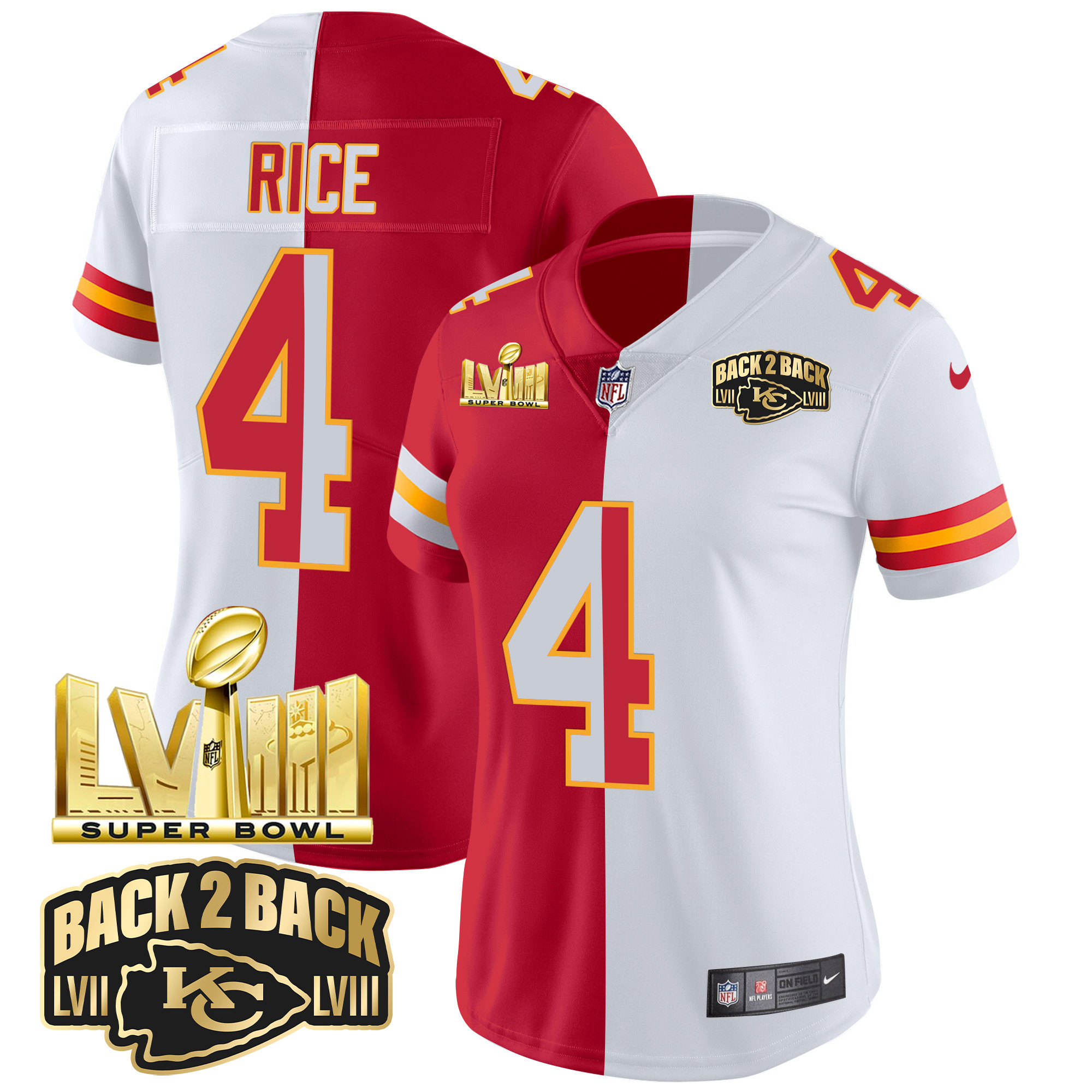 Rashee Rice Women's Kansas City Chiefs Super Bowl LVIII & Back 2 Back Gold Patch Vapor Split Jersey - All Stitched 