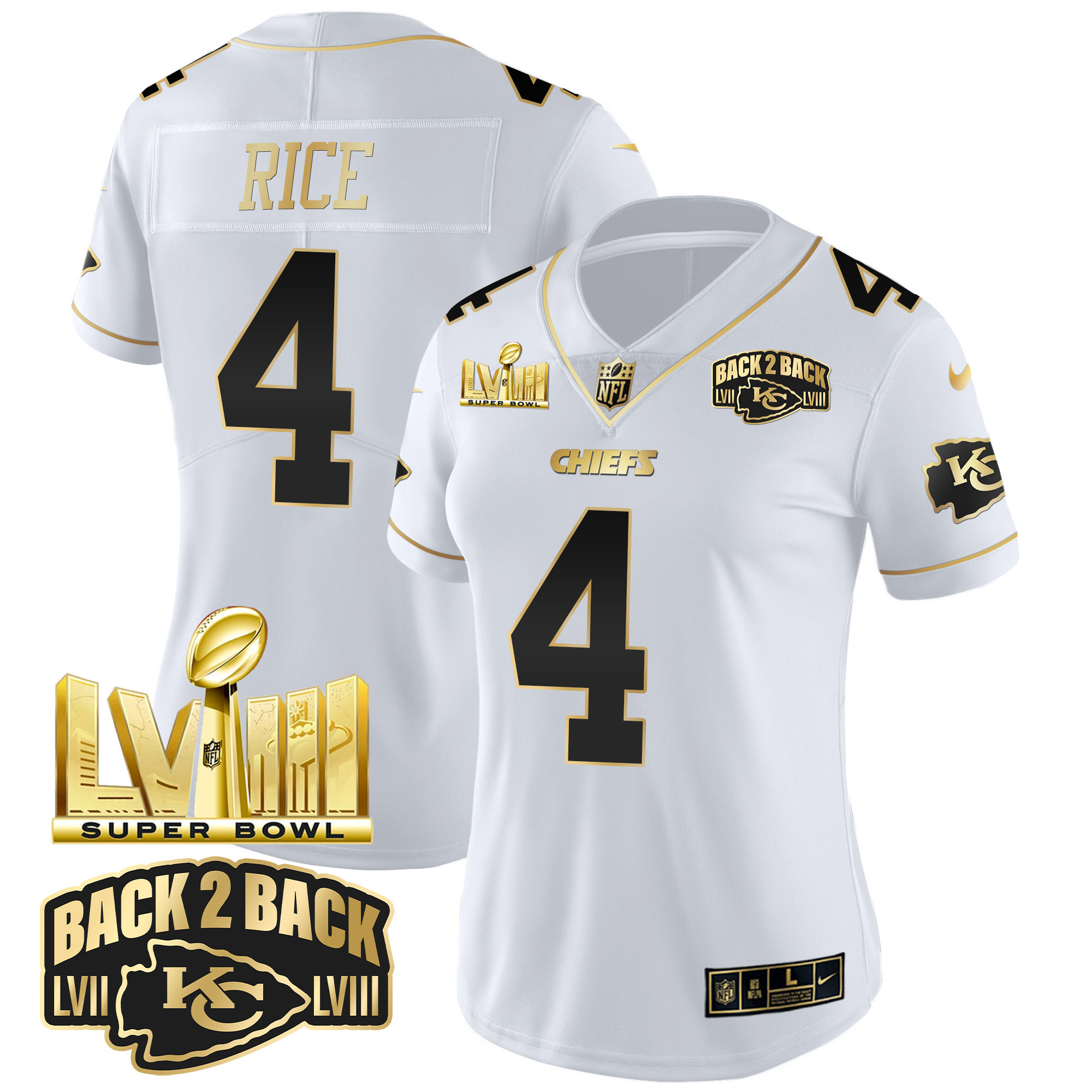 Rashee Rice Women's Kansas City Chiefs Super Bowl LVIII & Back 2 Back Gold Patch Vapor White Gold Jersey - All Stitched 