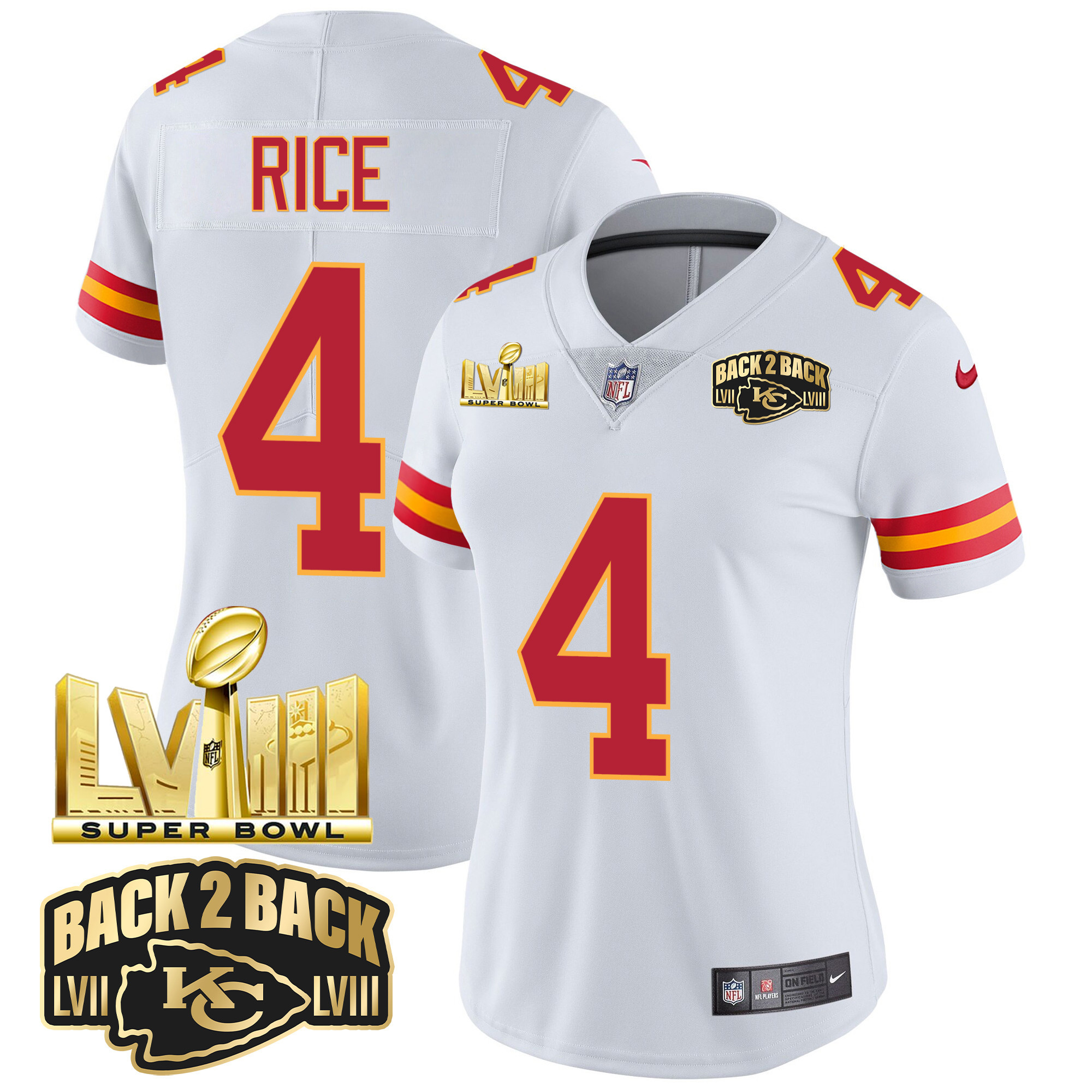 Rashee Rice Women's Kansas City Chiefs Super Bowl LVIII & Back 2 Back Gold Patch Vapor White Jersey - All Stitched 