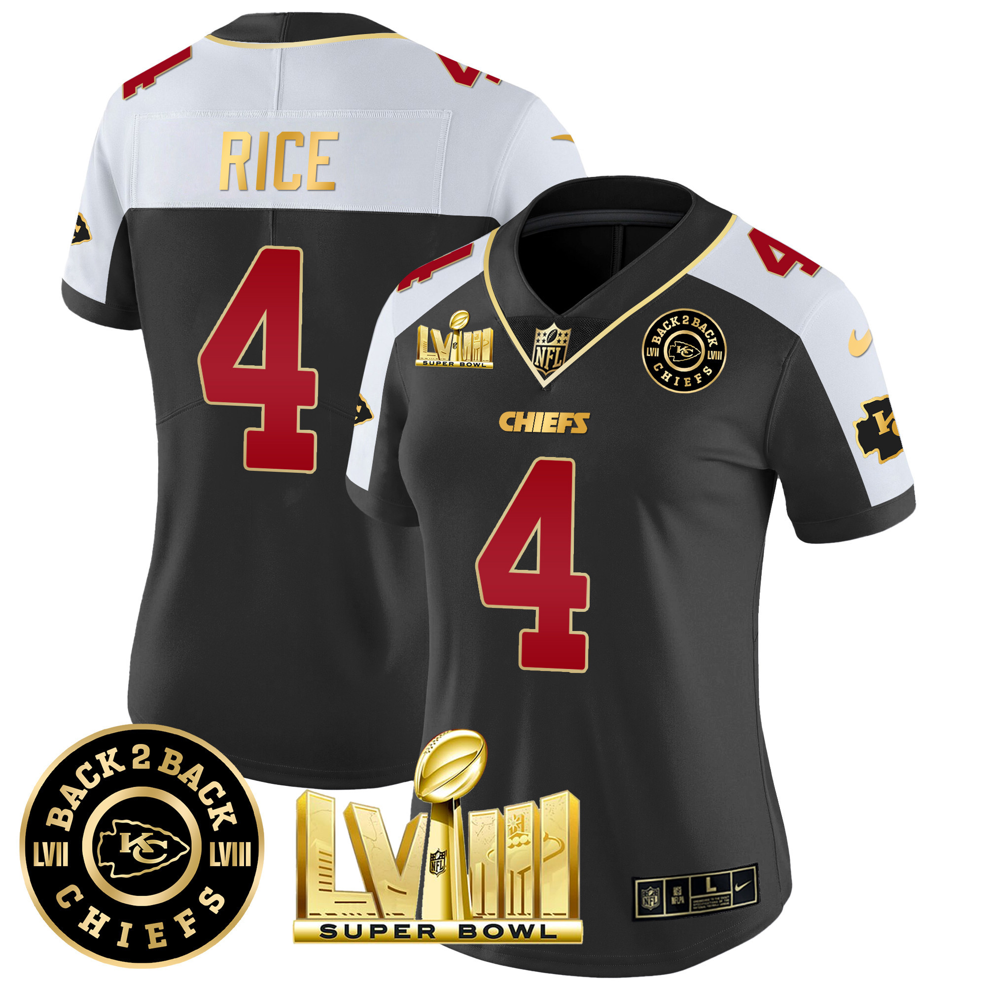 Rashee Rice Women's Kansas City Chiefs Super Bowl LVIII & Back 2 Back Patch Vapor Black Alternate Jersey - All Stitched 