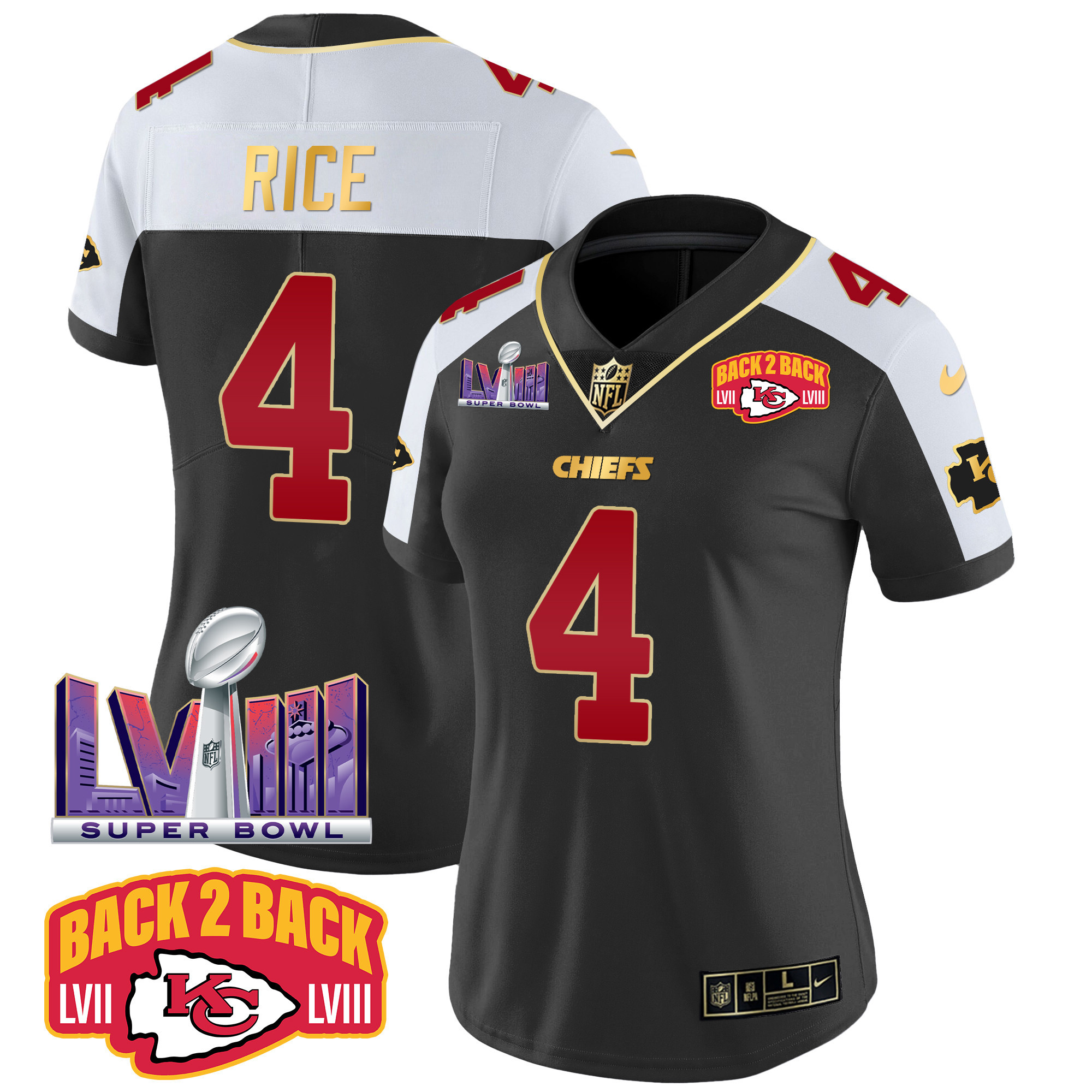 Rashee Rice Women's Kansas City Chiefs Super Bowl LVIII & Back 2 Back Patch Vapor Black Alternate Jersey - All Stitched 