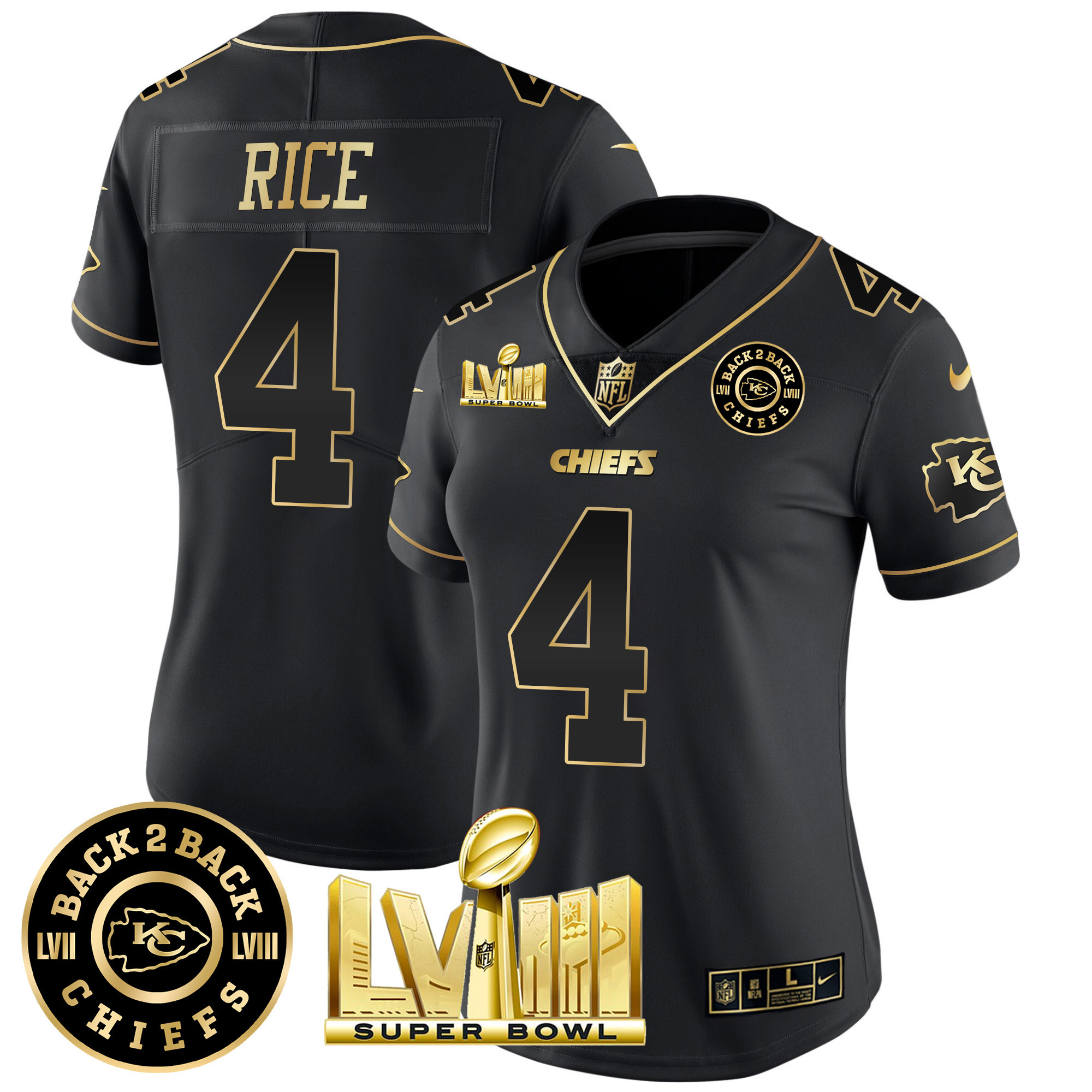 Rashee Rice Women's Kansas City Chiefs Super Bowl LVIII & Back 2 Back Patch Vapor Black Gold Jersey - All Stitched 