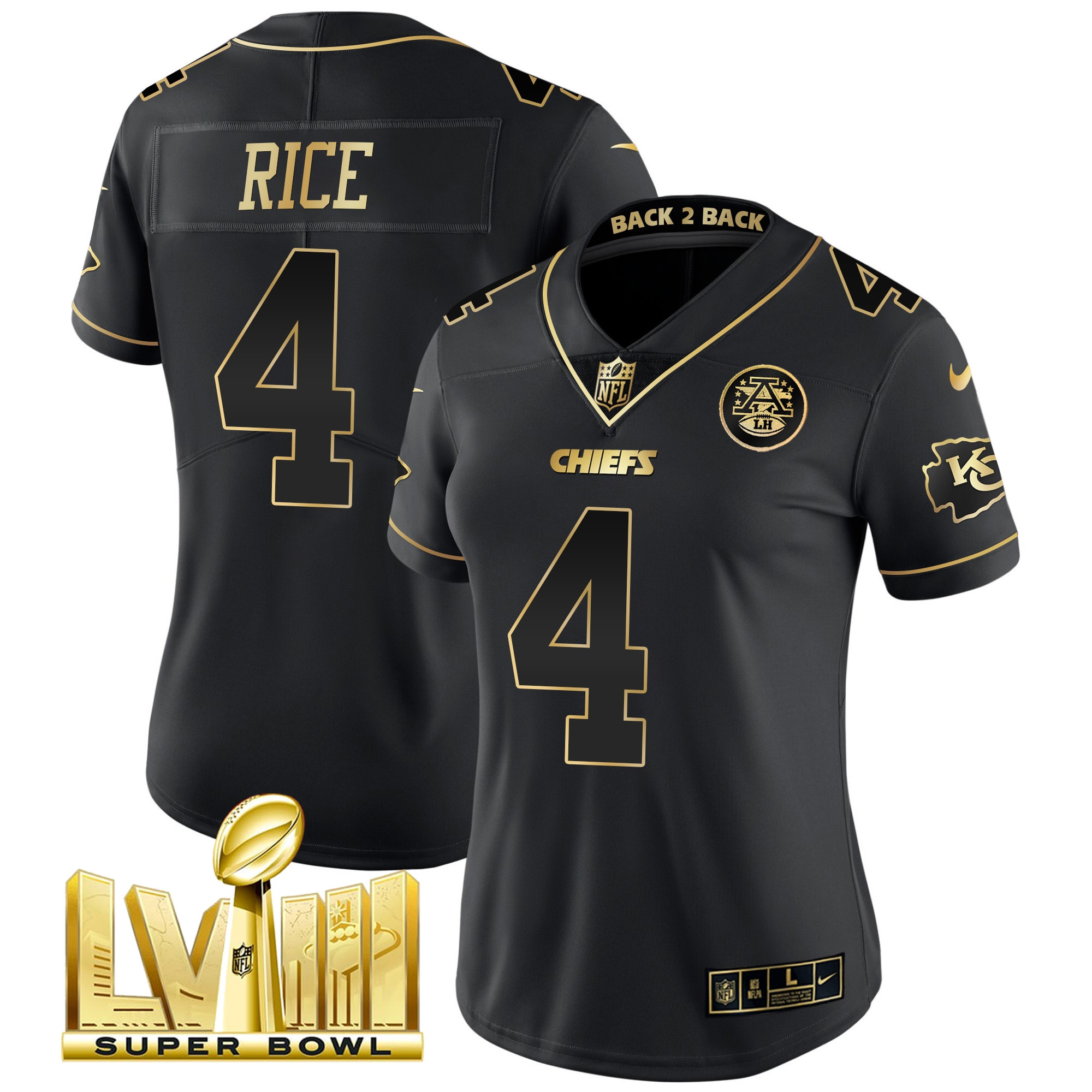 Rashee Rice Women's Kansas City Chiefs Super Bowl LVIII & Back 2 Back Patch Vapor Black Gold Jersey - All Stitched 